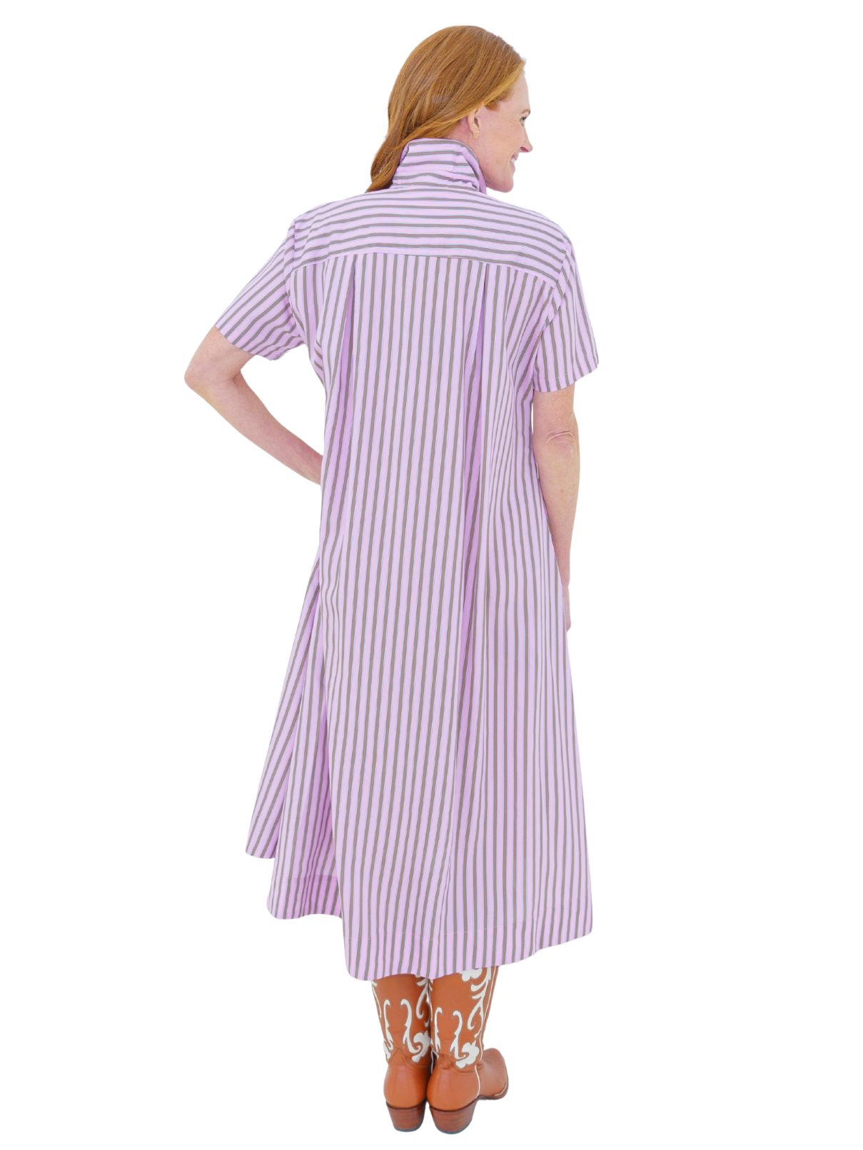 Caryn Lawn Millie Dress in Pink-Khaki Stripe