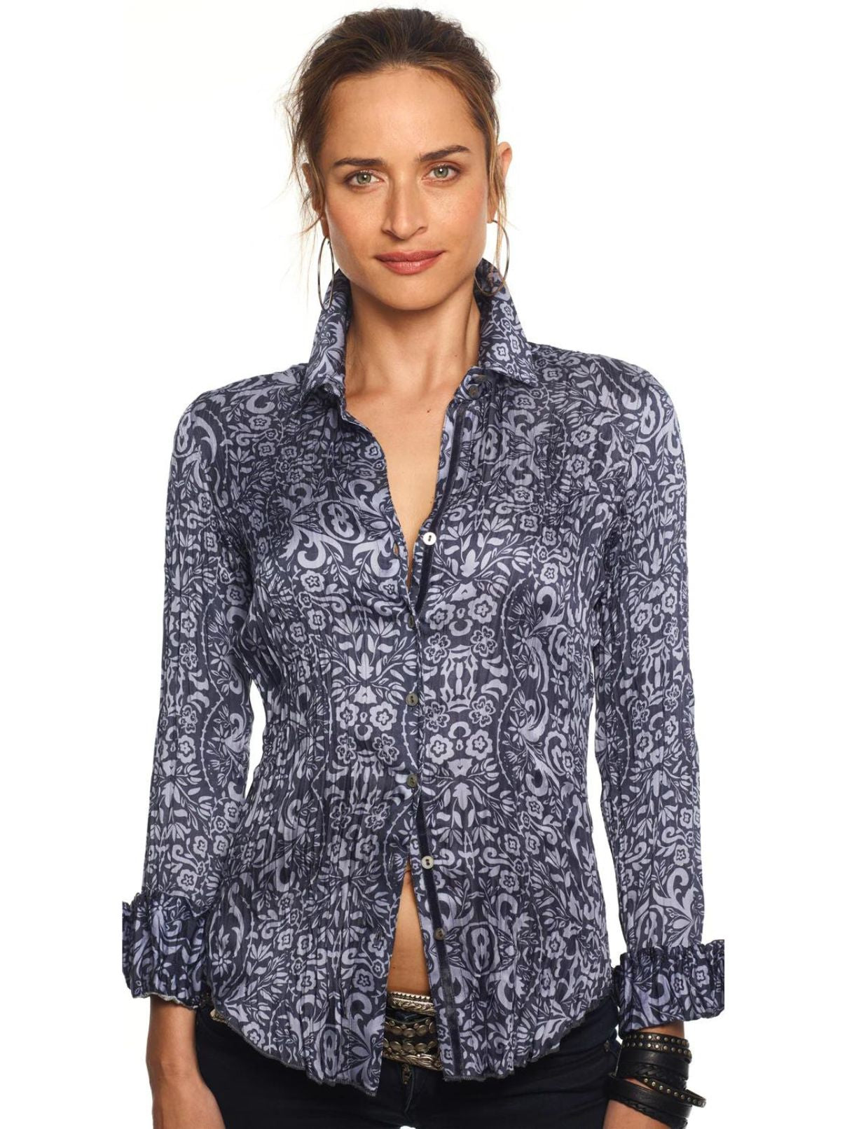Cino Vintage Tiki Fit Flare Tunic Blouse in Ocean