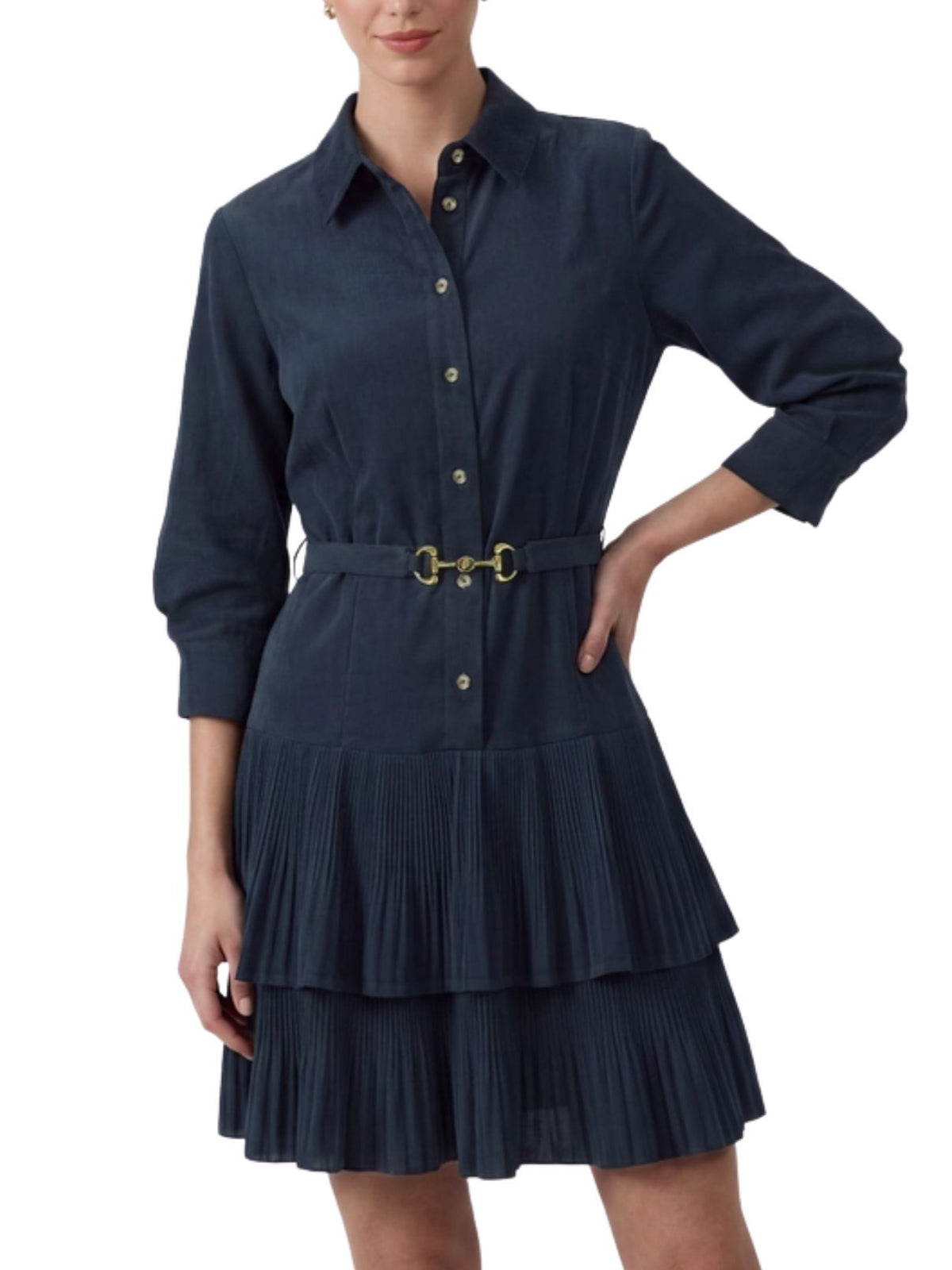 Corduroy Tiered Pleated Shirt Dress with Horsebit Belt in Navy