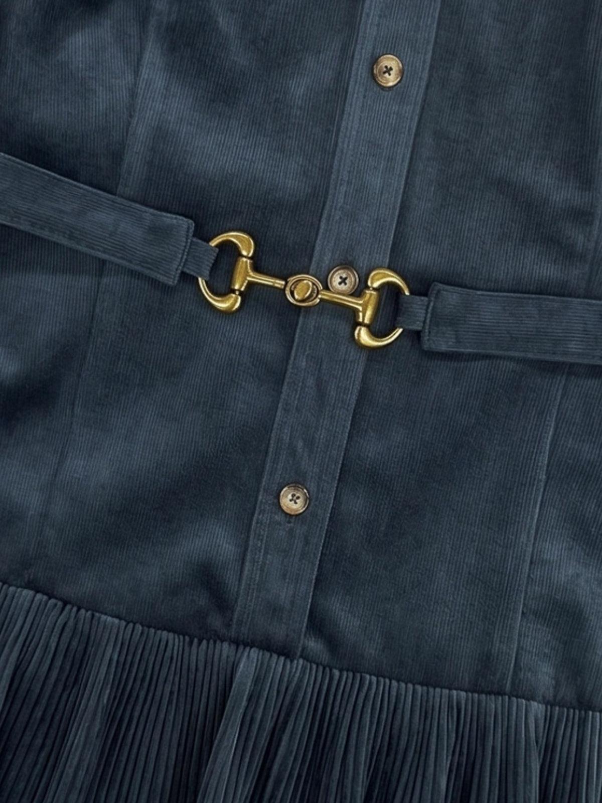 Corduroy Tiered Pleated Shirt Dress with Horsebit Belt in Navy