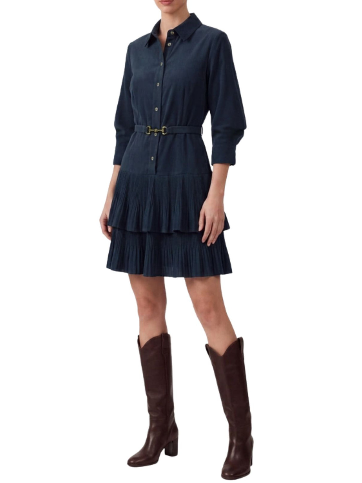 Corduroy Tiered Pleated Shirt Dress with Horsebit Belt in Navy
