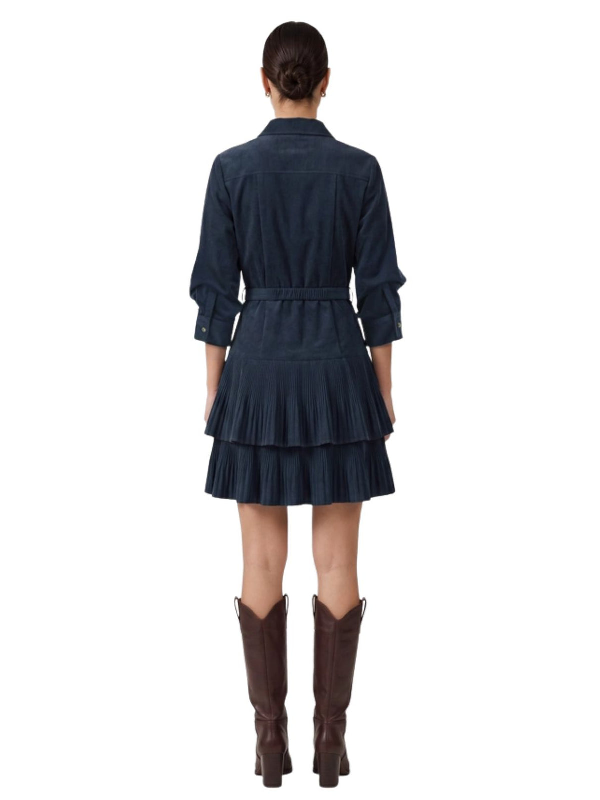 Corduroy Tiered Pleated Shirt Dress with Horsebit Belt in Navy