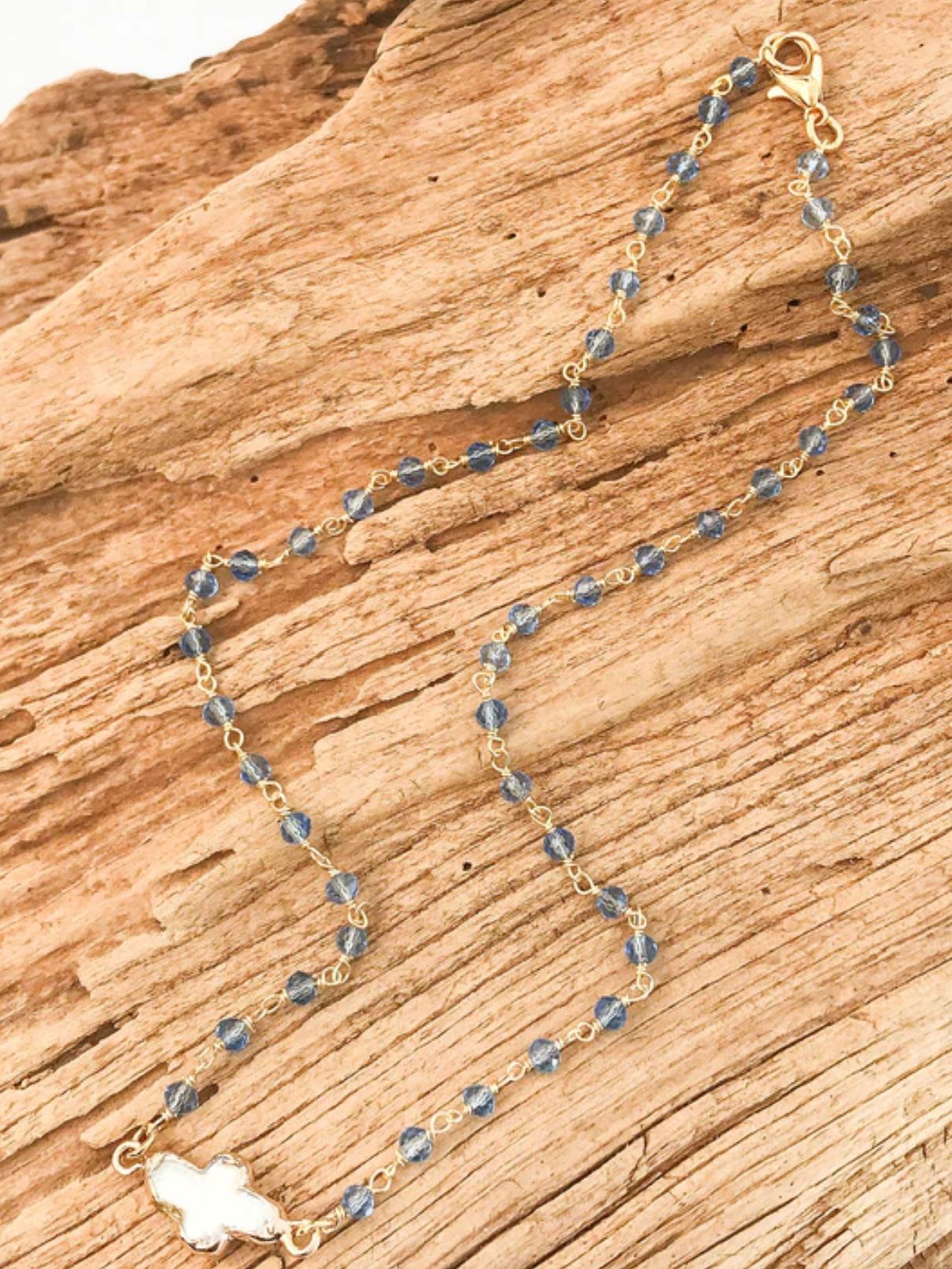 Cornflower Blue Bezel Cross Rosary Necklace