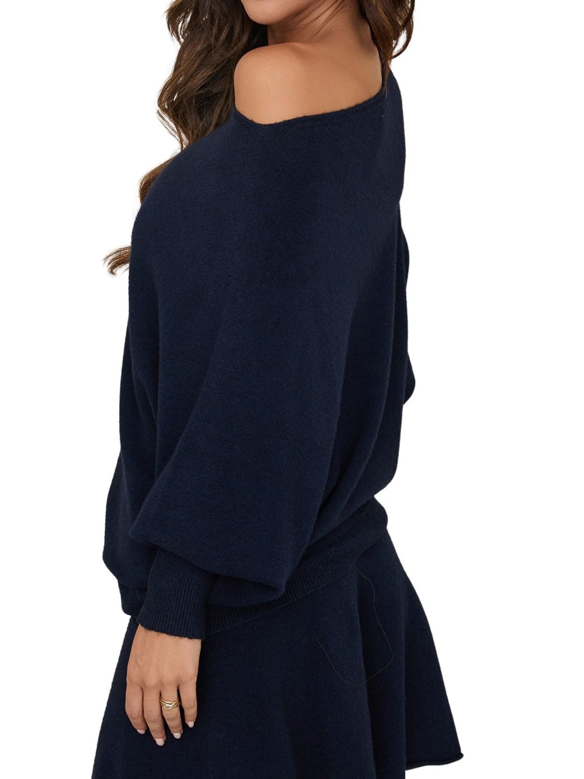Cotton Island Asymmetrical Ribbed Knit Sweater in Midnight Navy