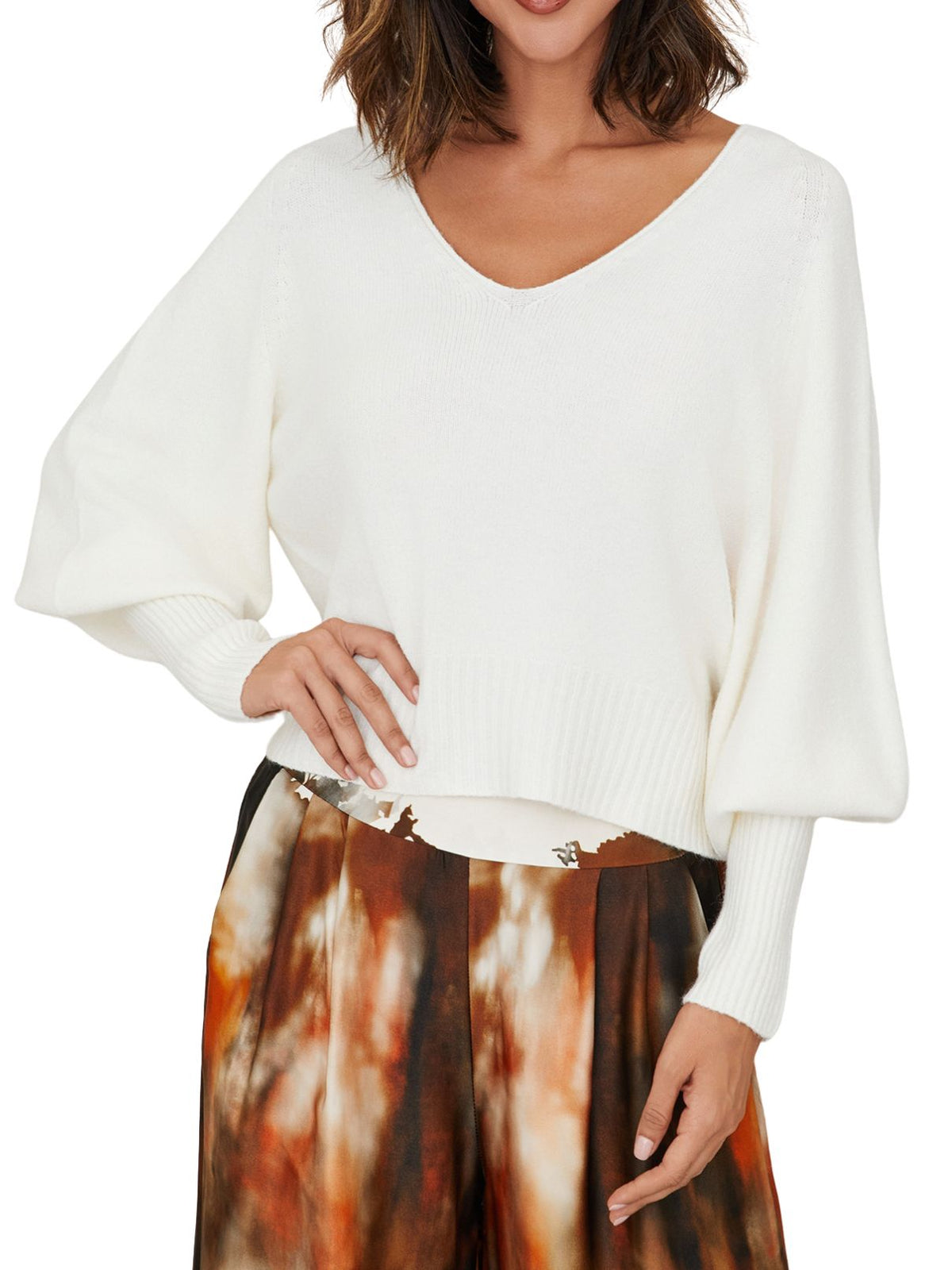 Cotton Island Bubble Sleeve V-Neck Sweater in Panna Cotta