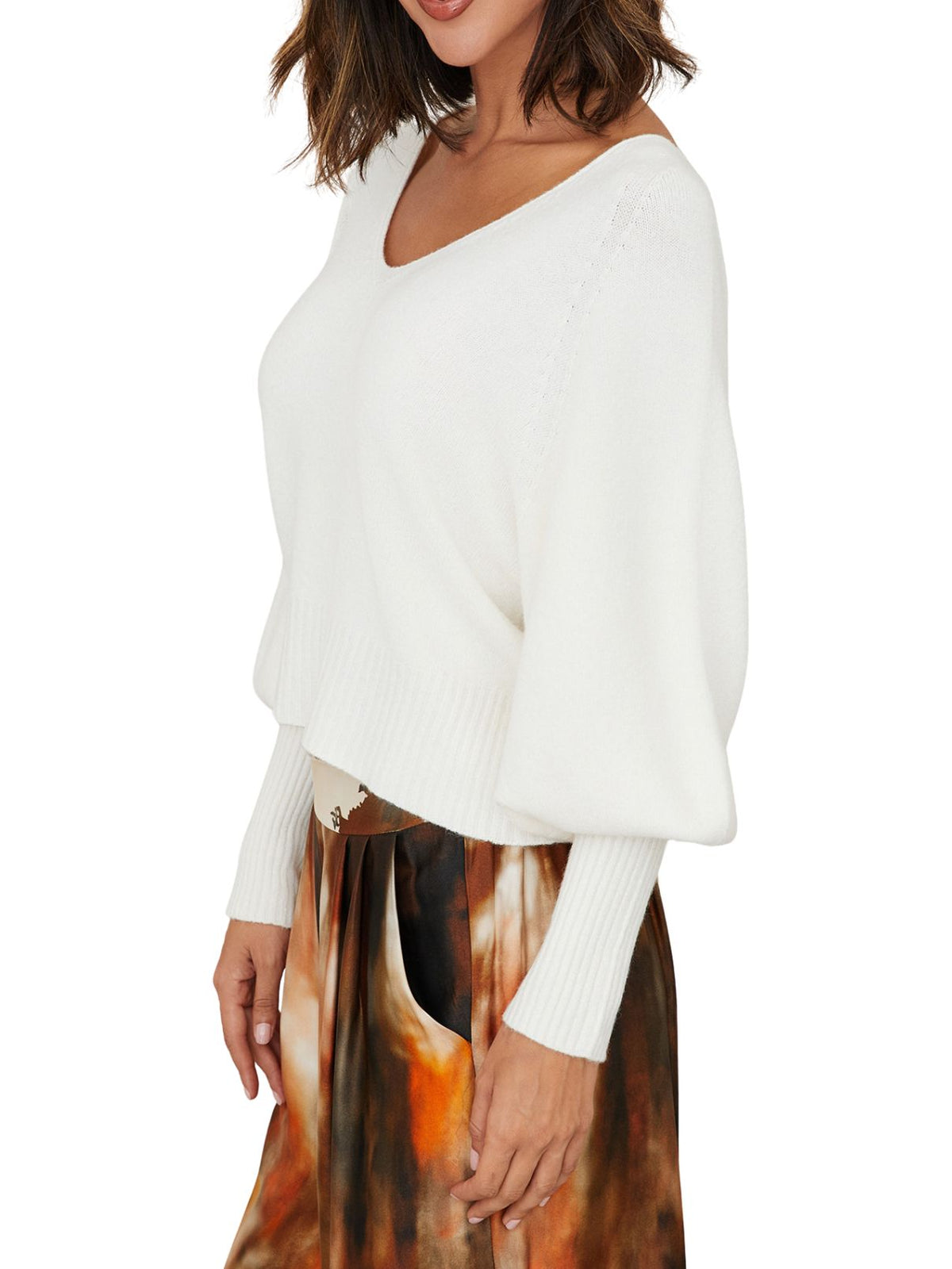 Cotton Island Bubble Sleeve V-Neck Sweater in Panna Cotta