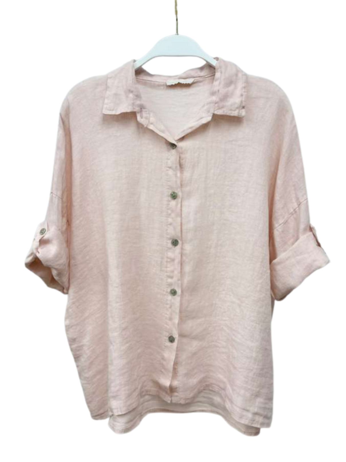 Cotton Island Button Down Linen Top in Blush