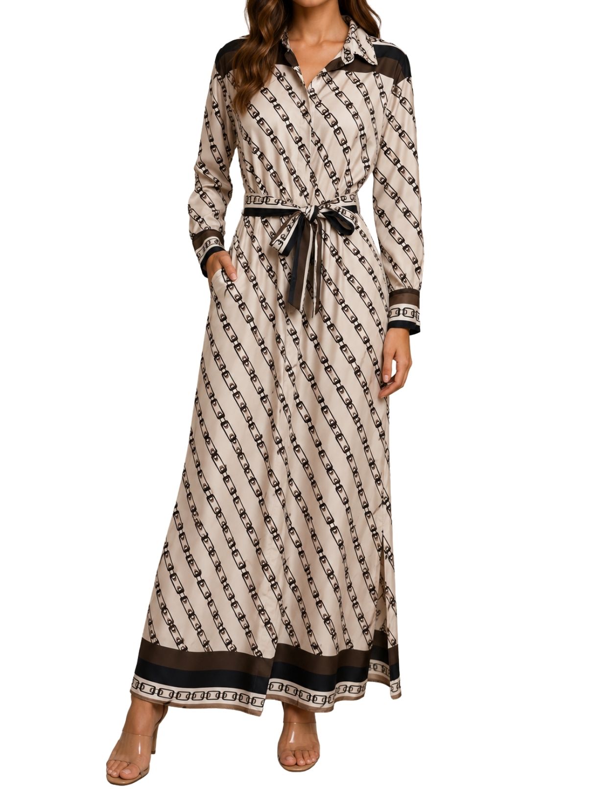Cotton Island Chain Link Print Button Down Dress with Tie & Belt