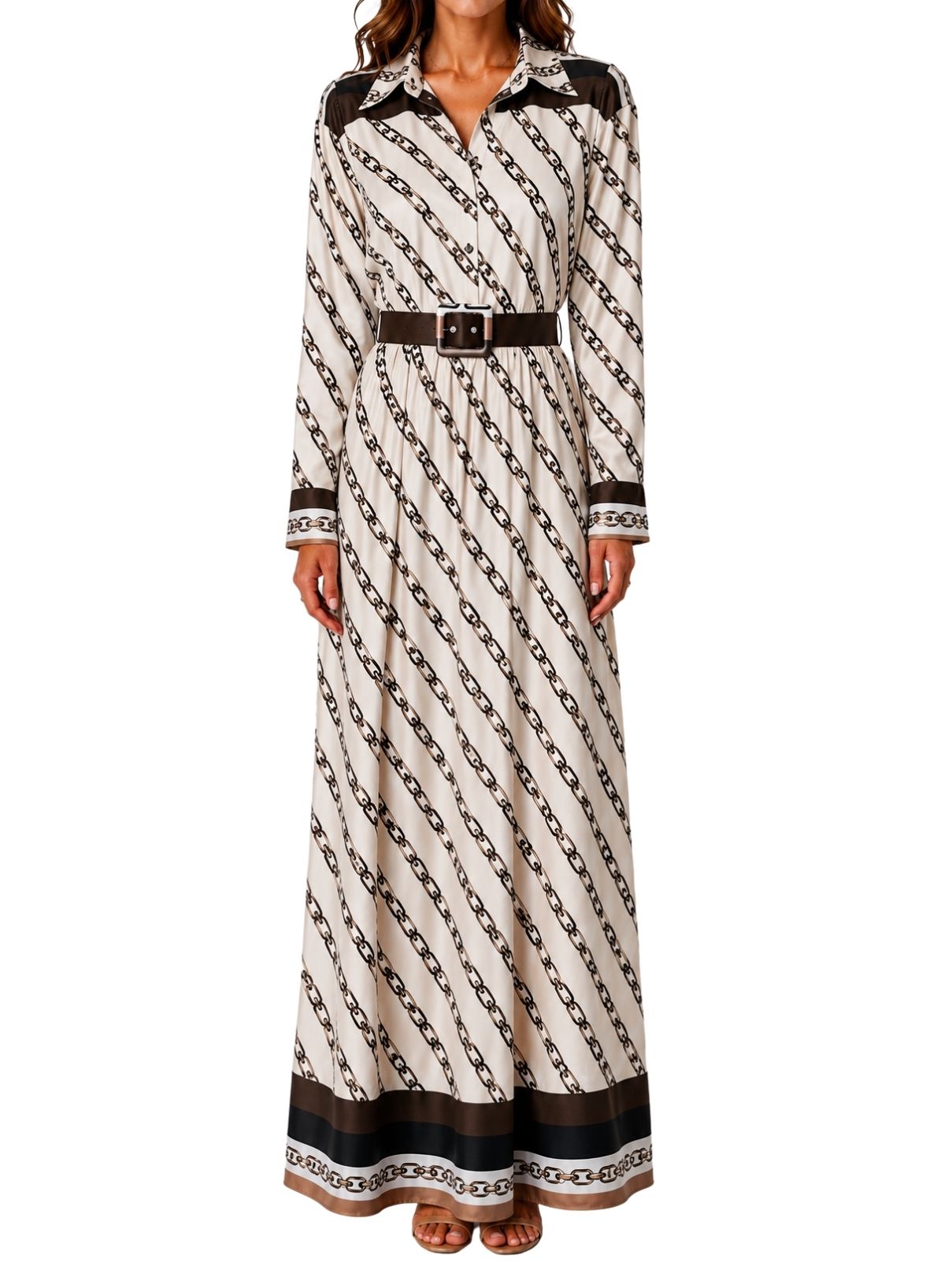 Cotton Island Chain Link Print Button Down Dress with Tie & Belt