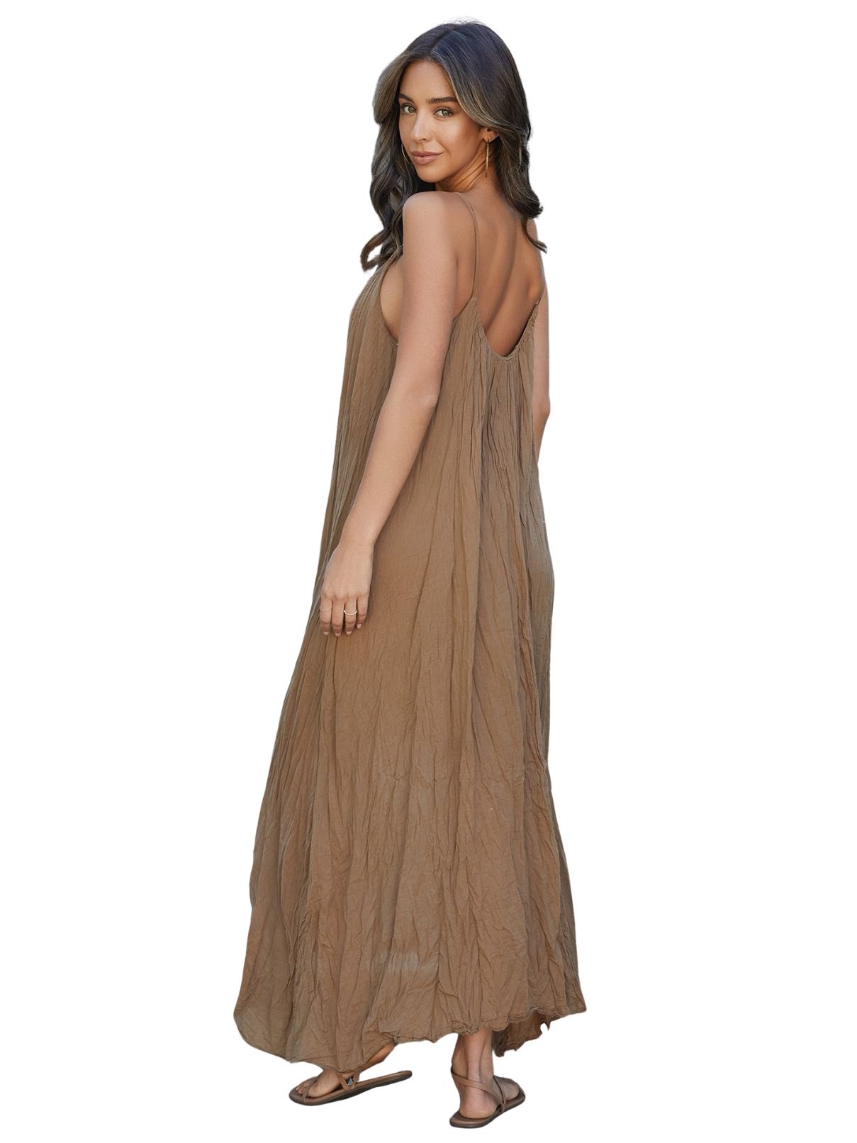 Cotton Island Coastal Breeze Crinkle Maxi Dress in Camel