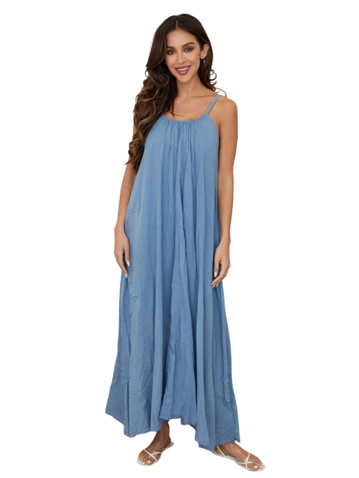 Cotton Island Coastal Breeze Crinkle Maxi Dress in Denim Blue