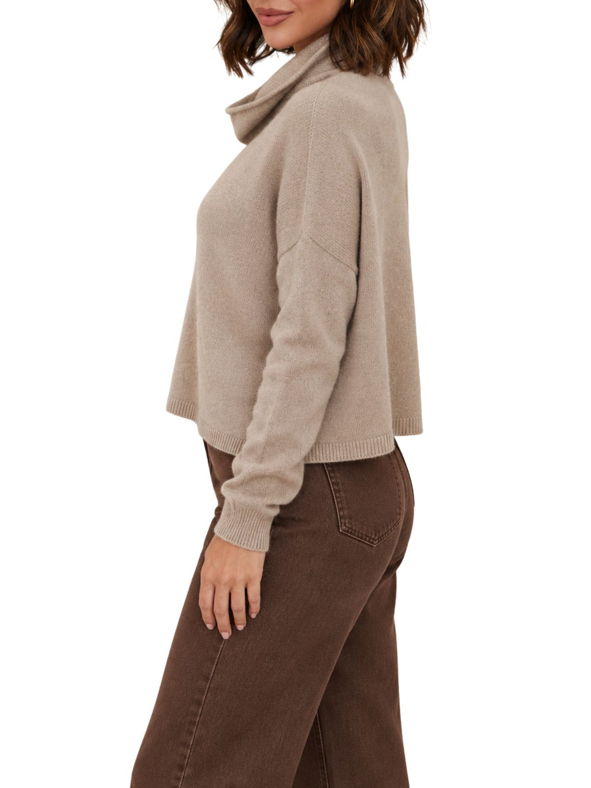 Cotton Island Cowl Neck Cropped Knit Sweater in Earth Beige