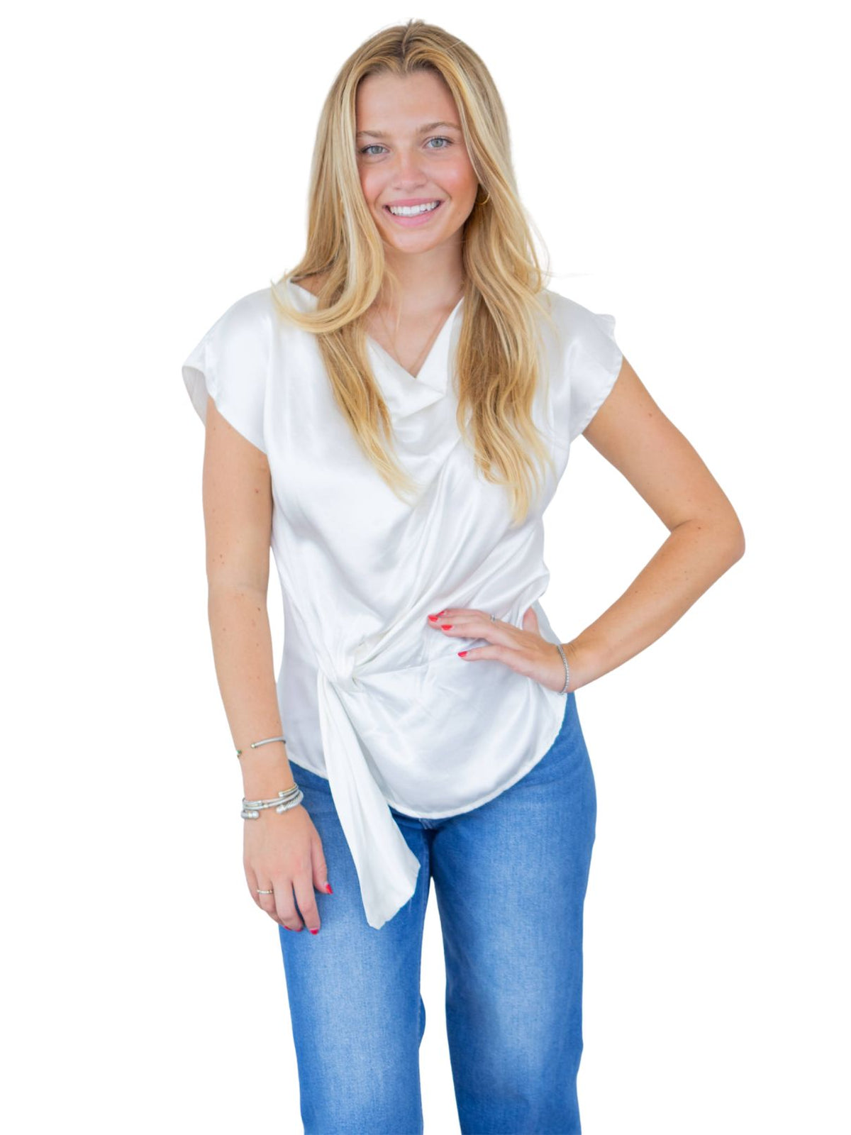 Cotton Island Cowl Neck Wrap Side Drape Cap Sleeve Top – White
