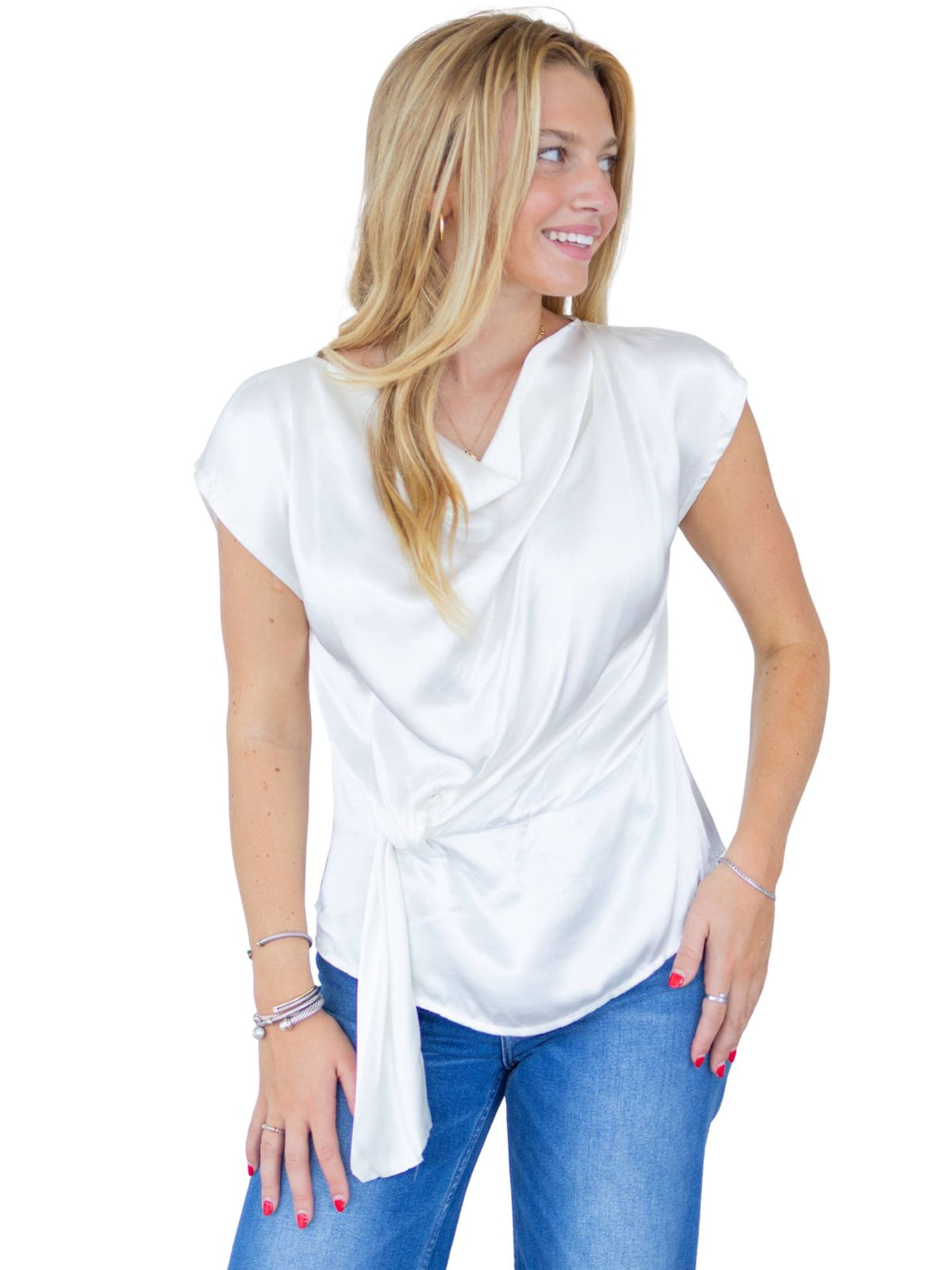 Cotton Island Cowl Neck Wrap Side Drape Cap Sleeve Top – White
