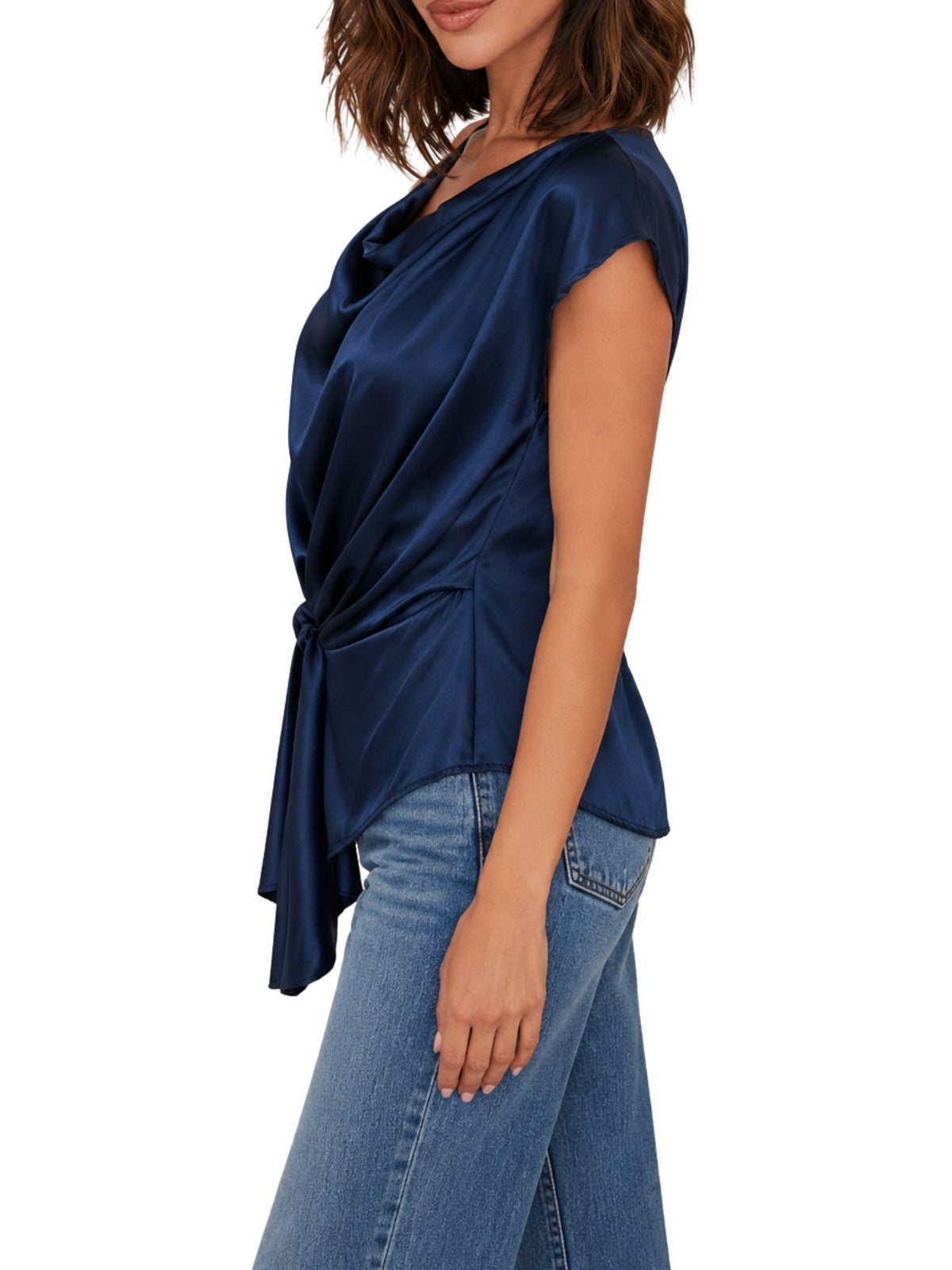 Cotton Island Cowl Neck Wrap Side Drape Cap Sleeve Top in Navy