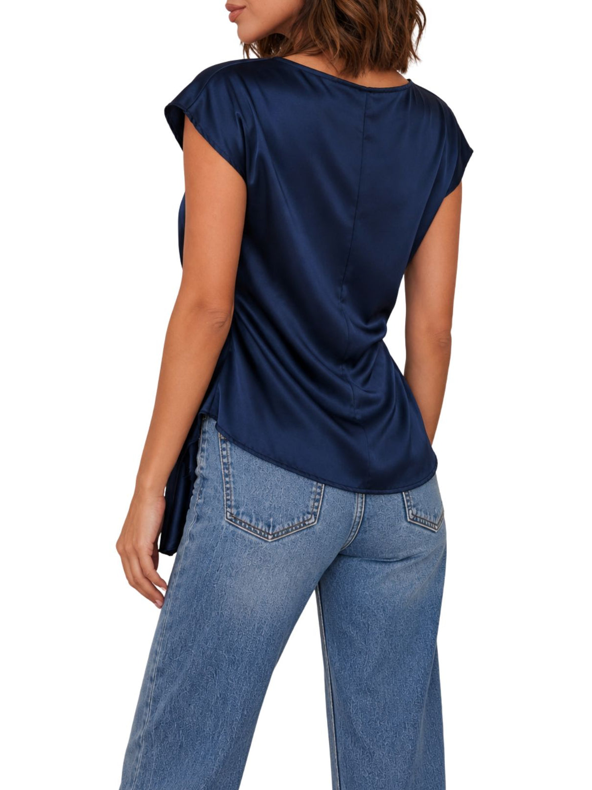 Cotton Island Cowl Neck Wrap Side Drape Cap Sleeve Top in Navy