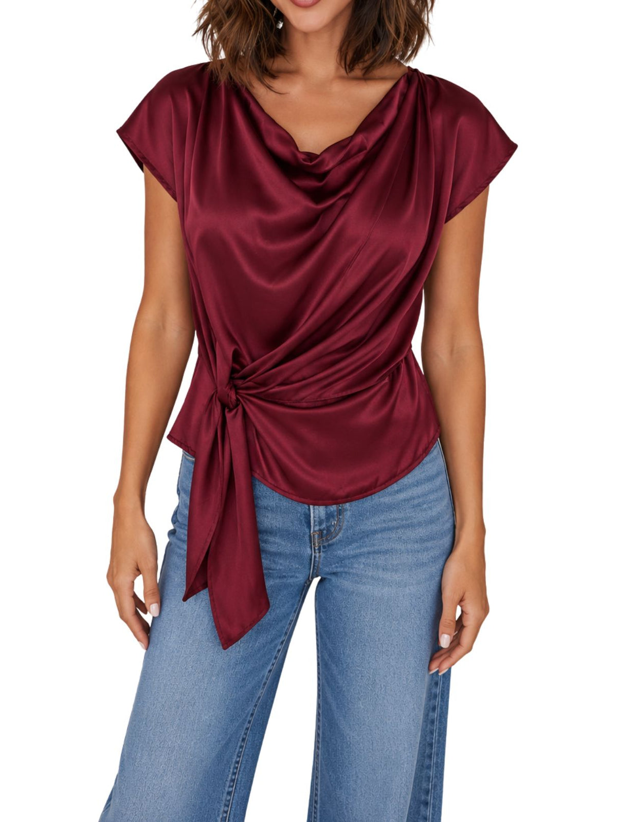 Cotton Island Cowl Neck Wrap Side Drape Cap Sleeve Top in Wine