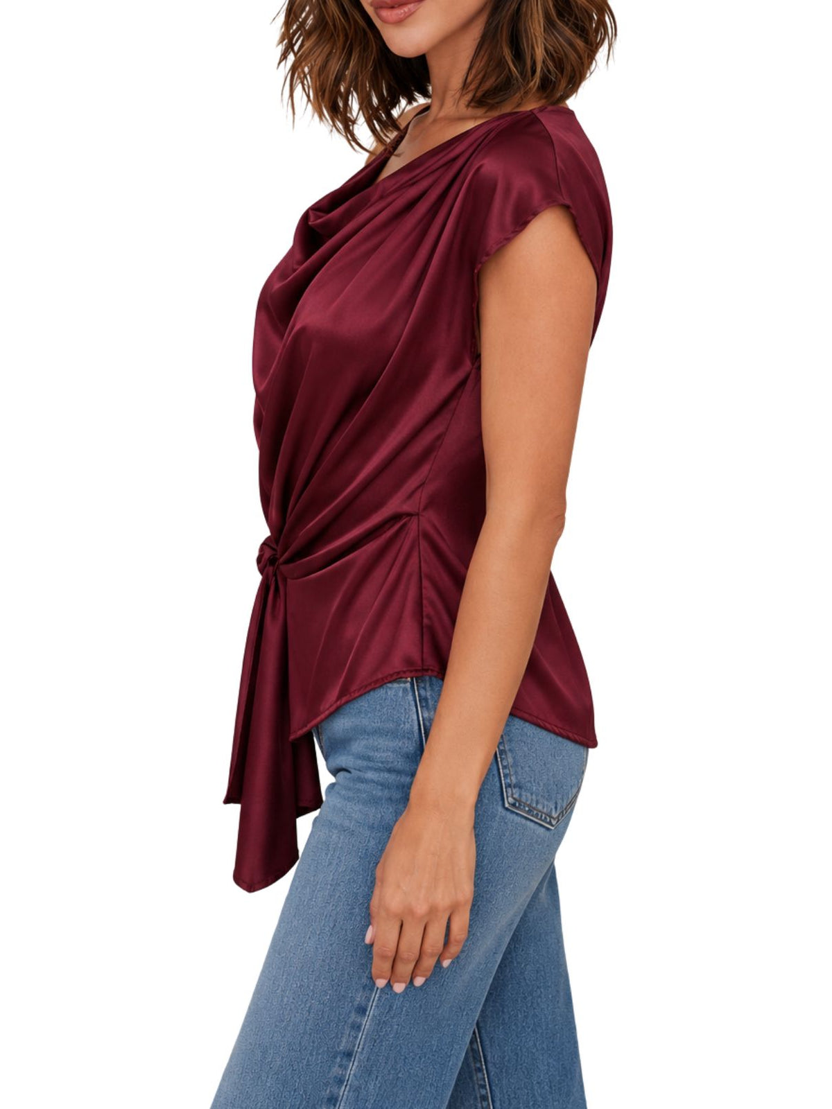 Cotton Island Cowl Neck Wrap Side Drape Cap Sleeve Top in Wine