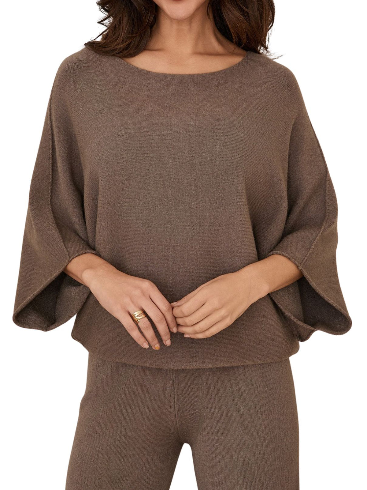 Cotton Island Crew Neck Batwing Sleeve Knit Top in Dark Mocha