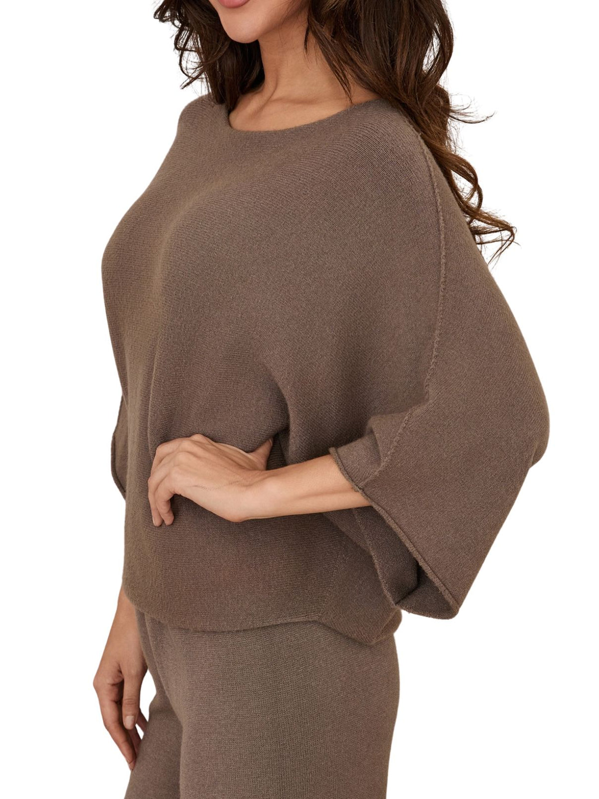 Cotton Island Crew Neck Batwing Sleeve Knit Top in Dark Mocha