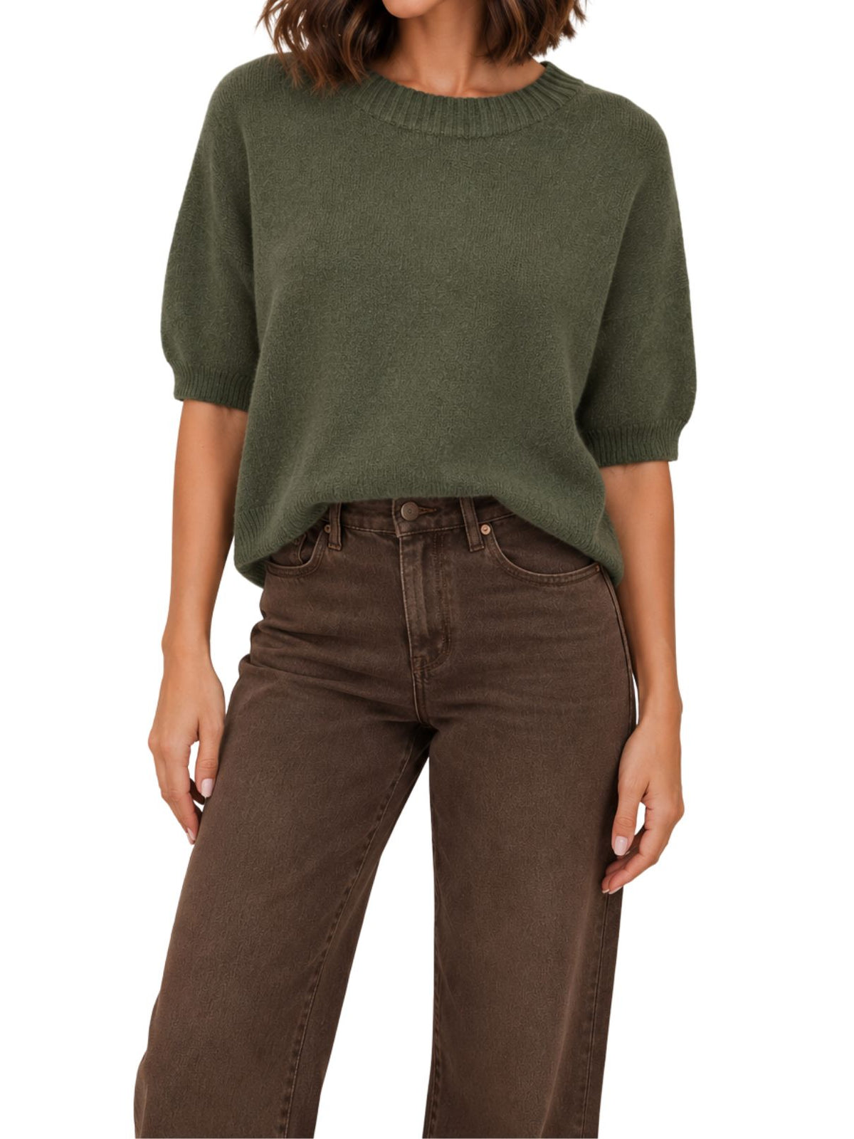 Cotton Island Crewneck 3/4 Sleeve Knit Sweater in Army Green