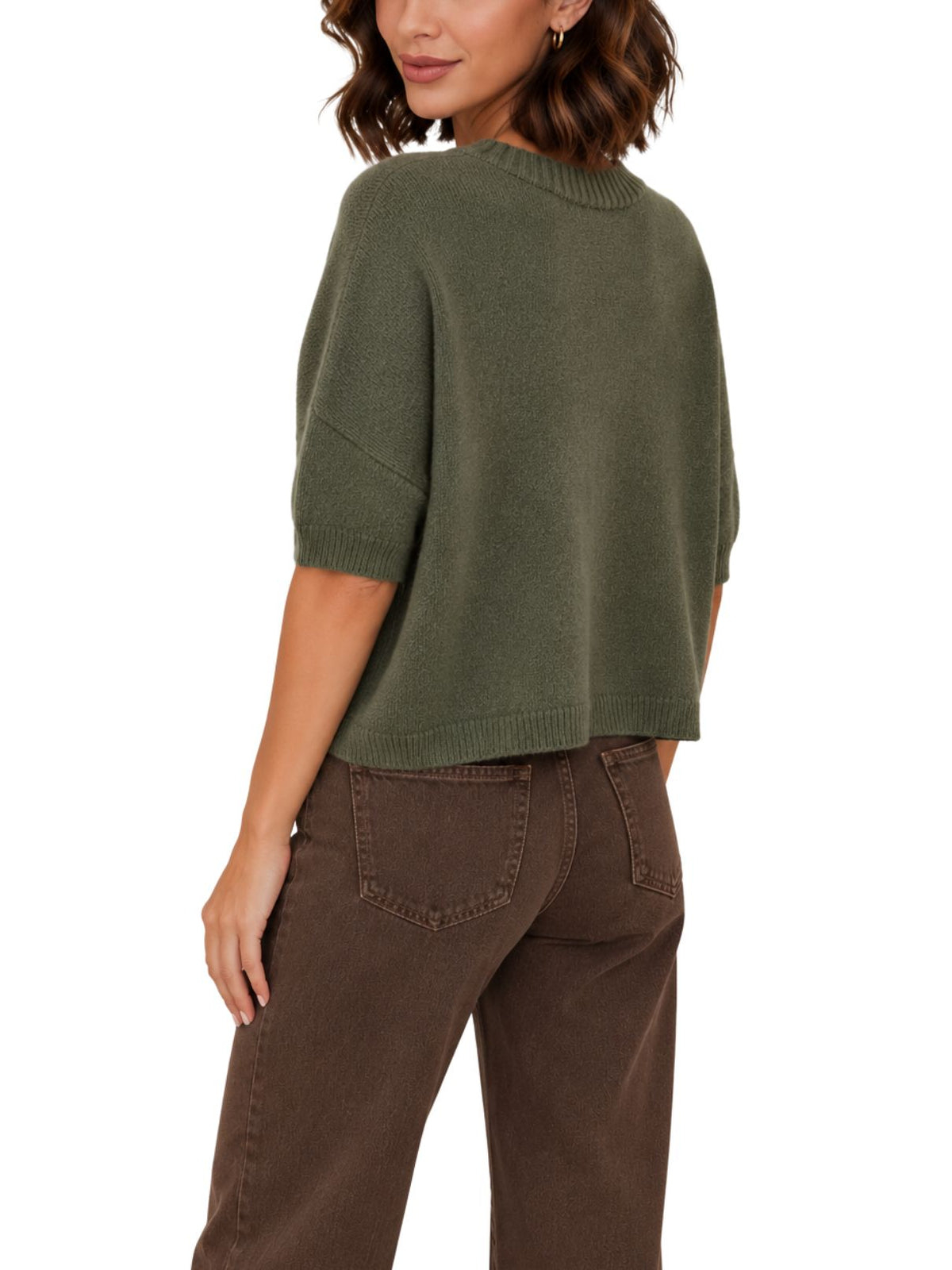 Cotton Island Crewneck 3/4 Sleeve Knit Sweater in Army Green