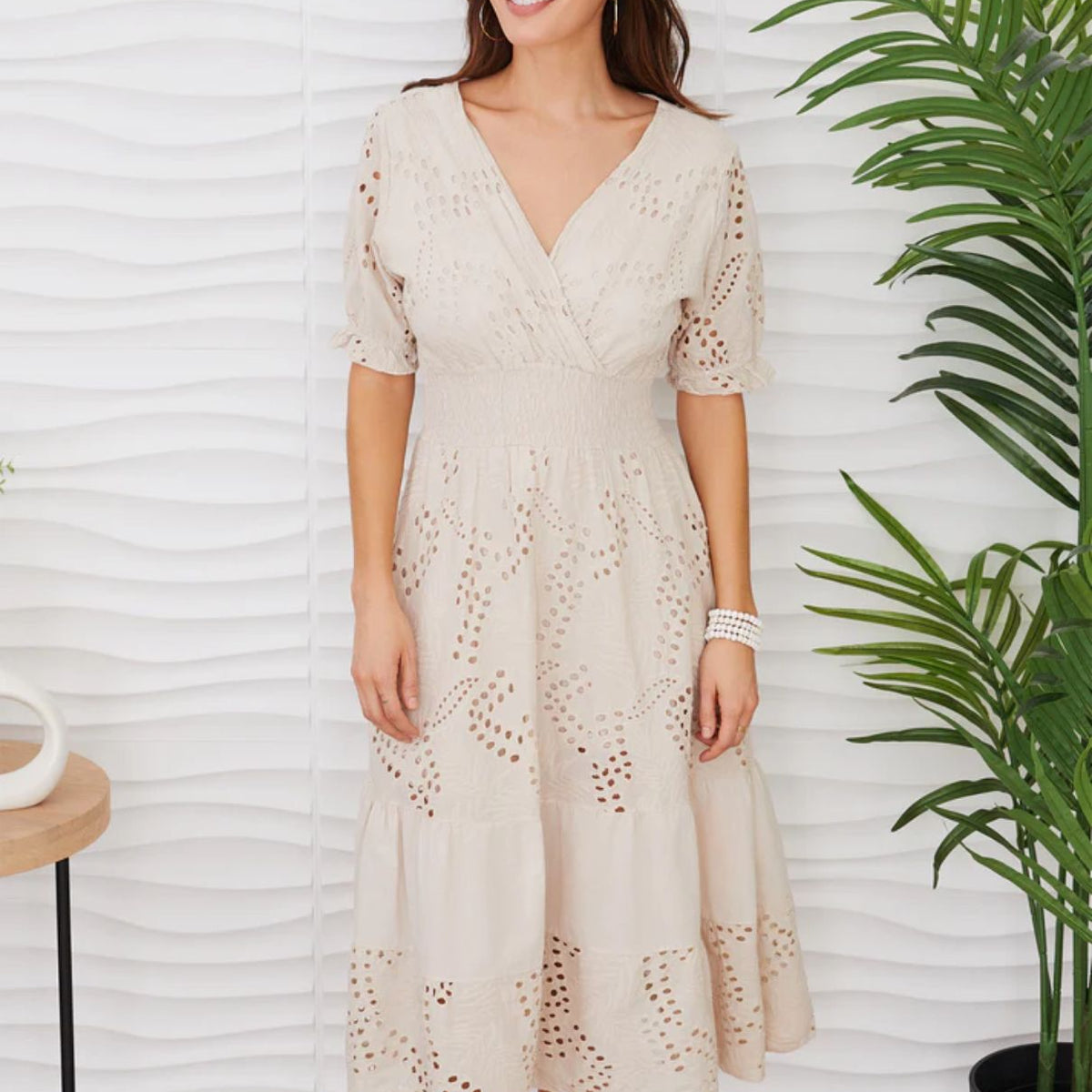 Cotton Island Eyelet Tiered Dress in Beige - Beige / L Cotton Island Eyelet Tiered Dress in Beige - Beige / L