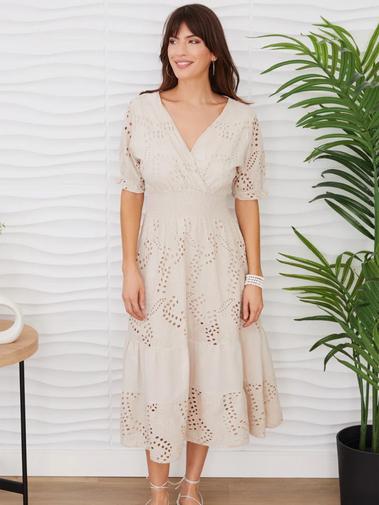 Cotton Island Eyelet Tiered Dress in Beige