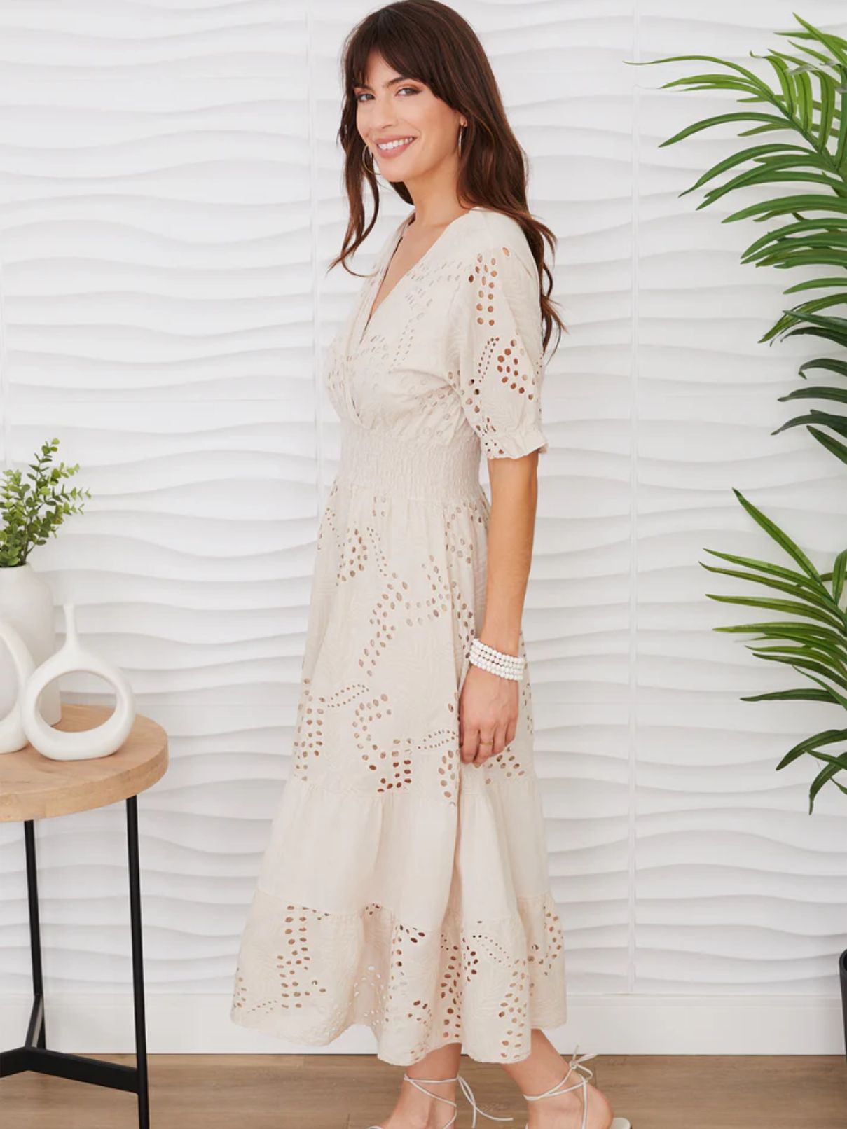 Cotton Island Eyelet Tiered Dress in Beige