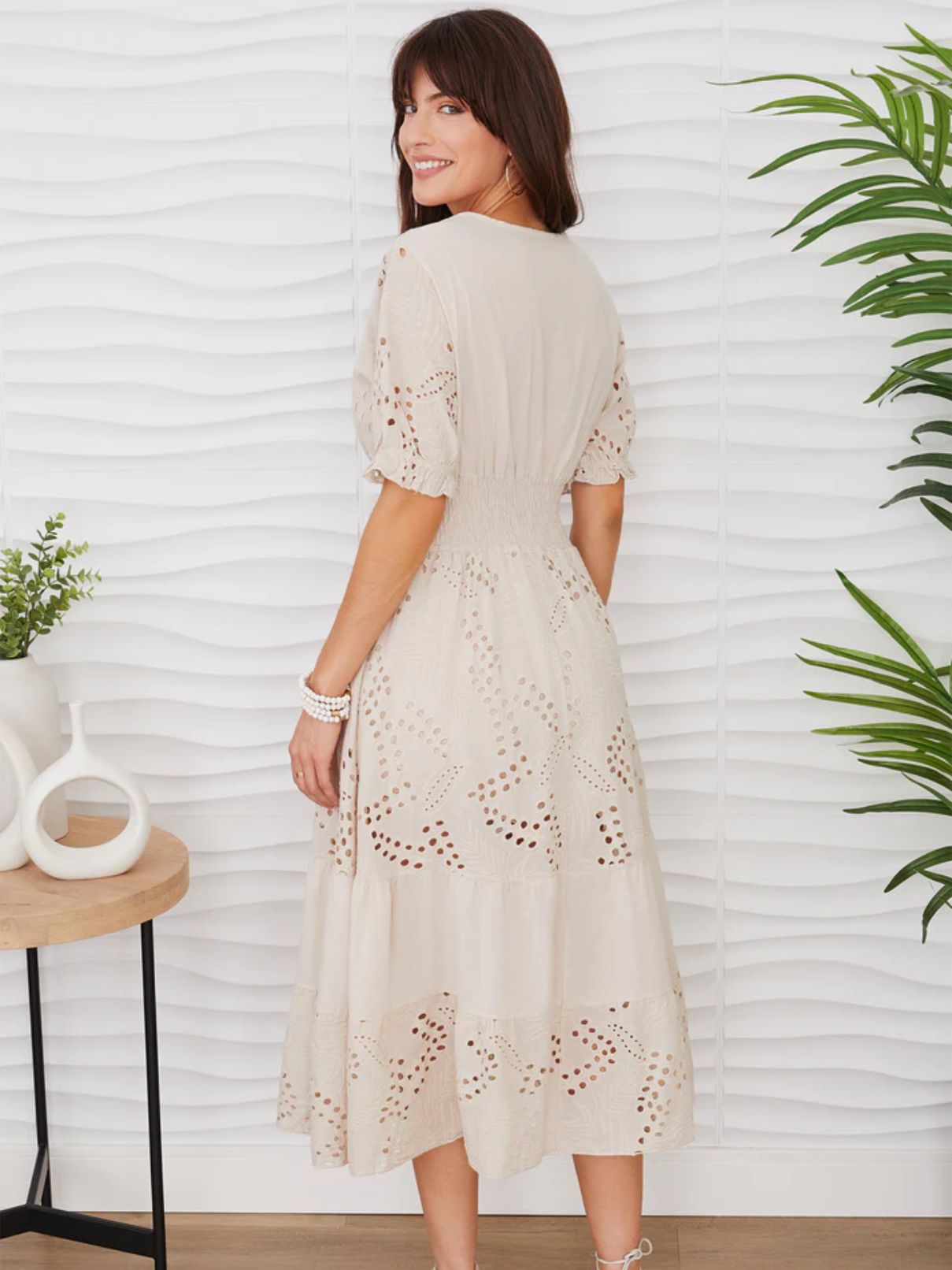 Cotton Island Eyelet Tiered Dress in Beige