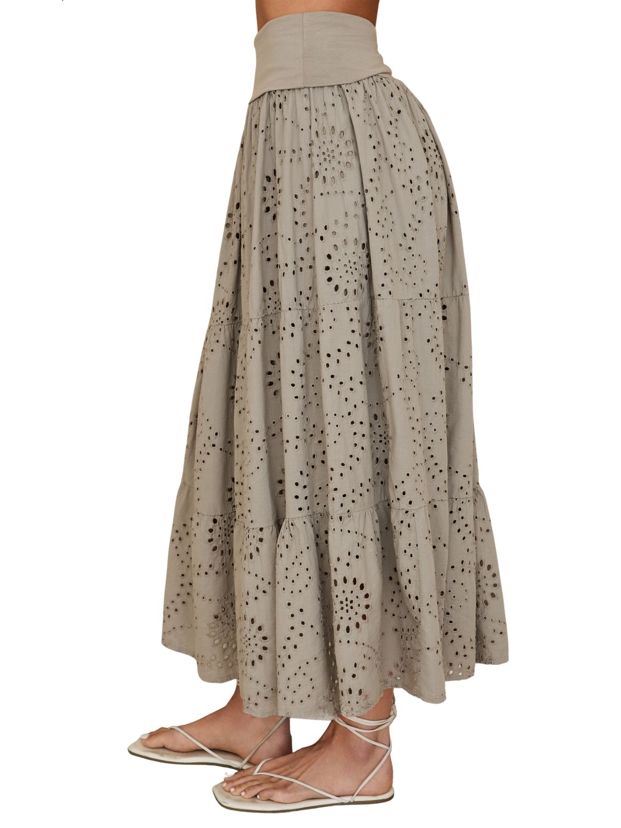 Cotton Island Eyelet Tiered Maxi Skirt in Taupe