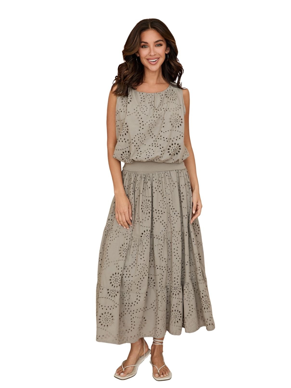 Cotton Island Eyelet Tiered Maxi Skirt in Taupe