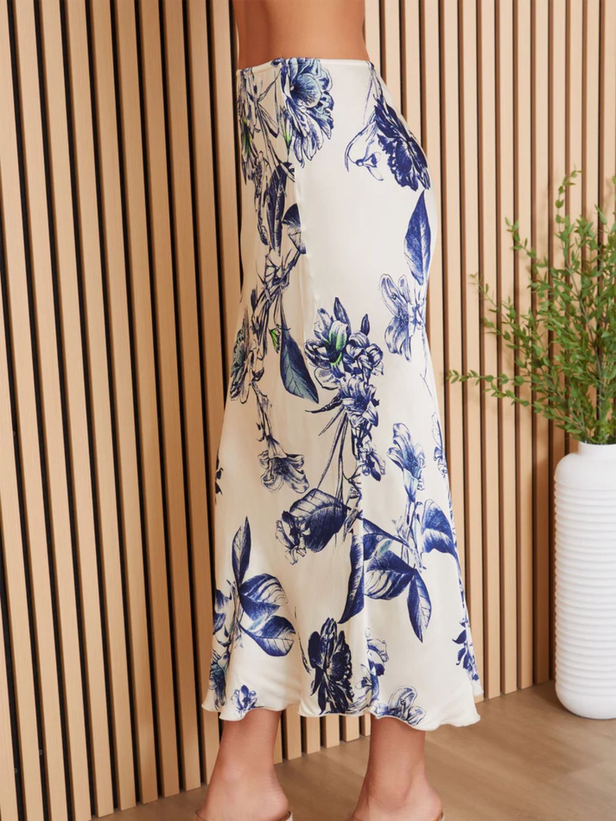 Cotton Island Garden Floral Silky Midi Skirt in Beige Floral