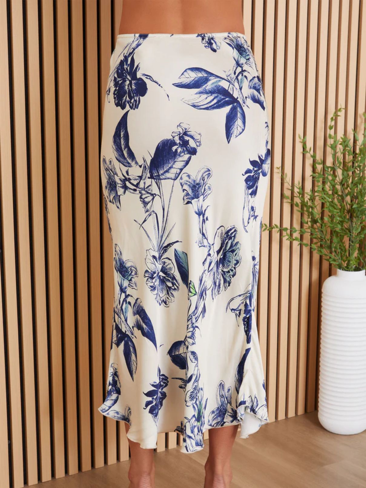 Cotton Island Garden Floral Silky Midi Skirt in Beige Floral