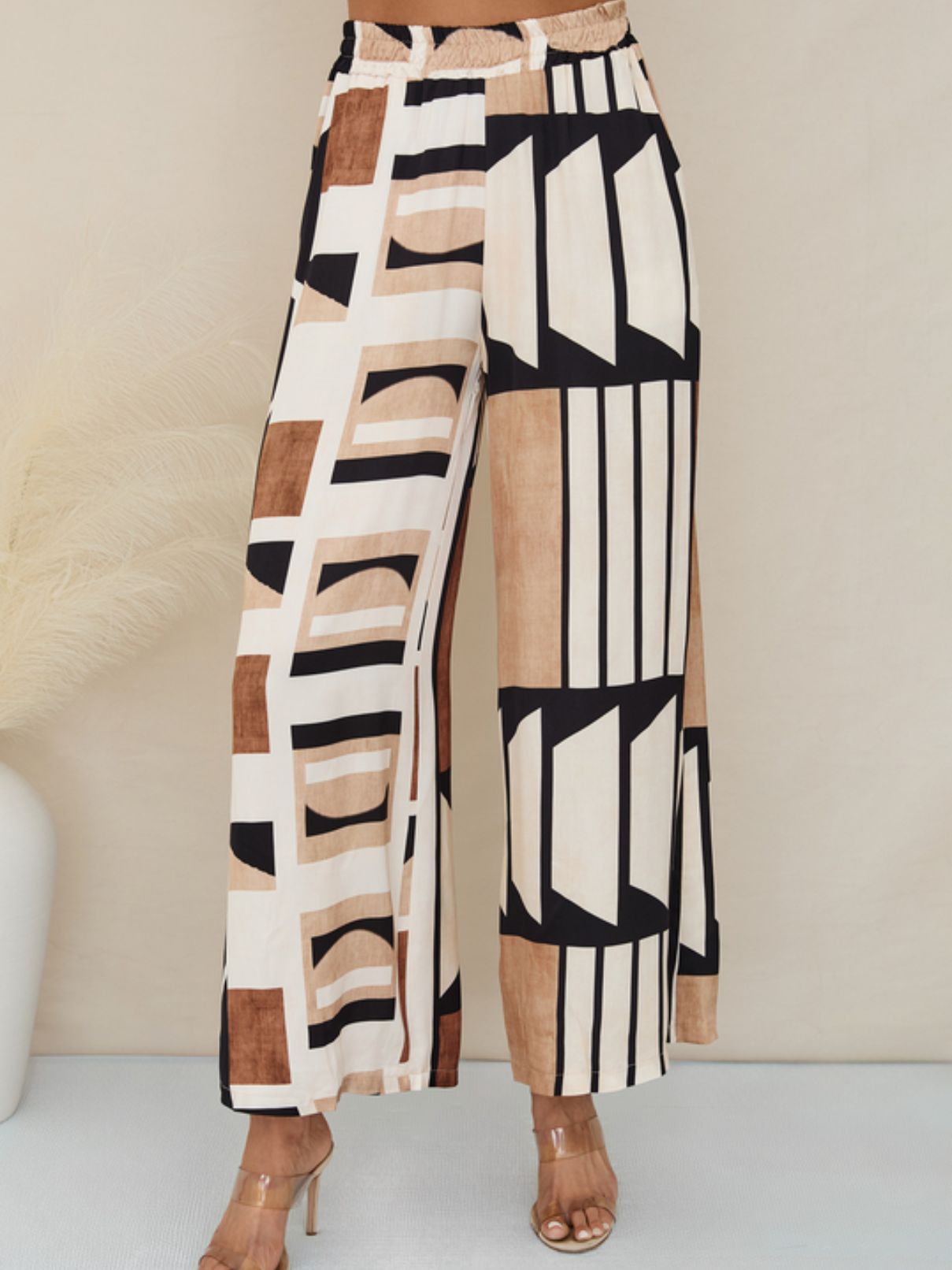 Cotton Island Geometric Pant in Cream/Camel