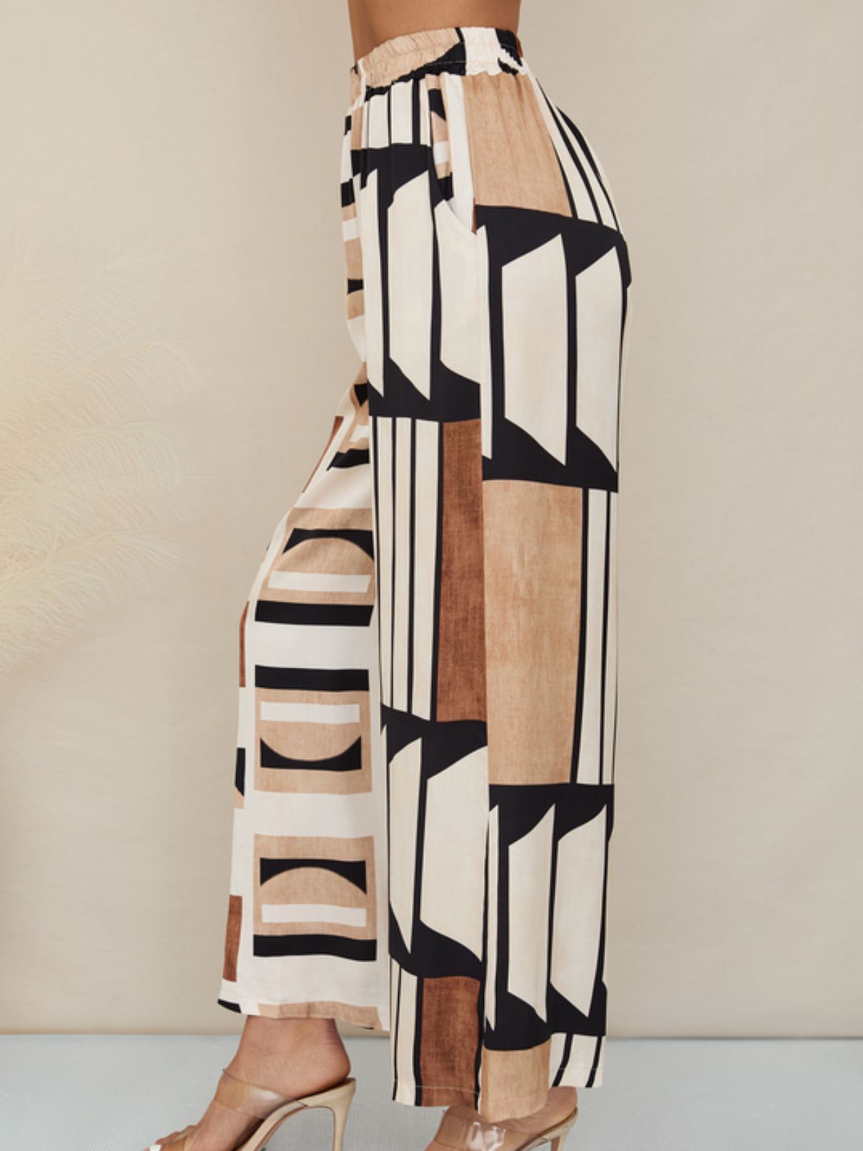 Cotton Island Geometric Pant in Cream/Camel