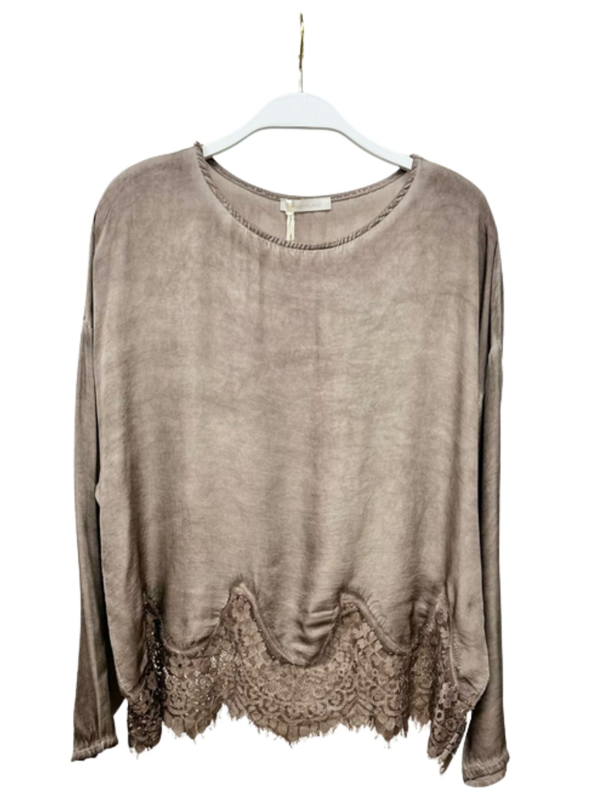 Cotton Island Lace Hem L/S Top in Mocha