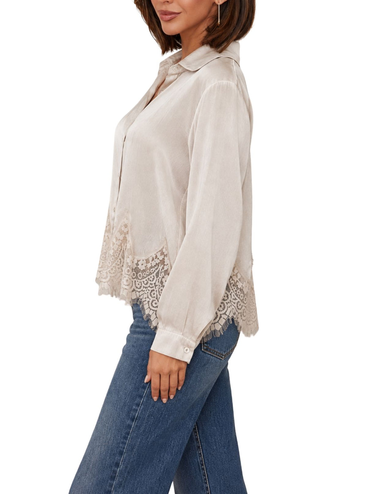Cotton Island Lace Hem Long Sleeve Button-Down Top in Beige
