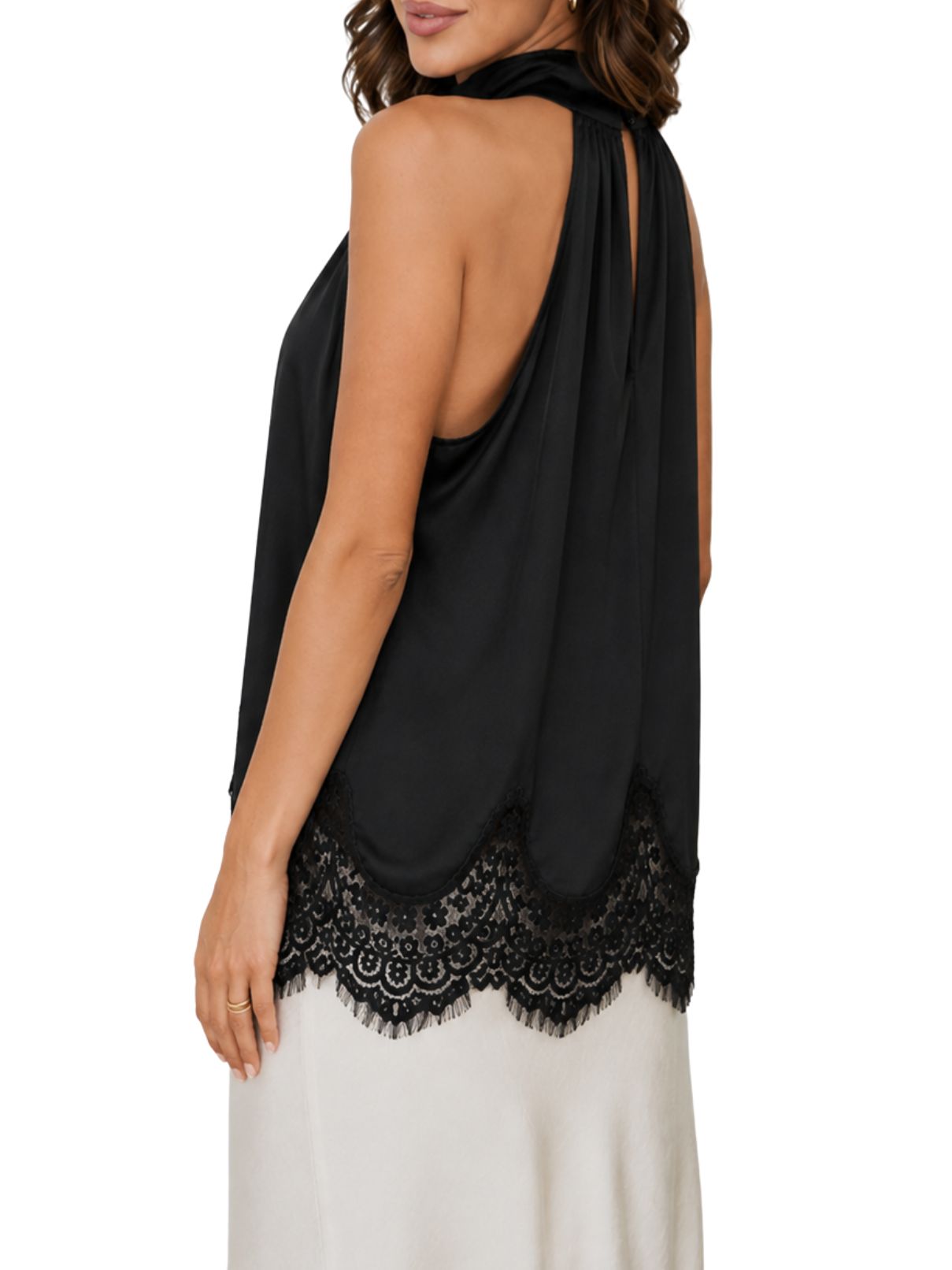 Cotton Island Lace Hem Sleeveless Halter Top – Black
