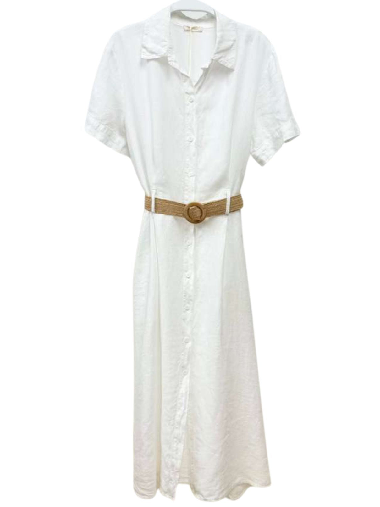 Cotton Island Linen Shirt Dress with Belt in White
