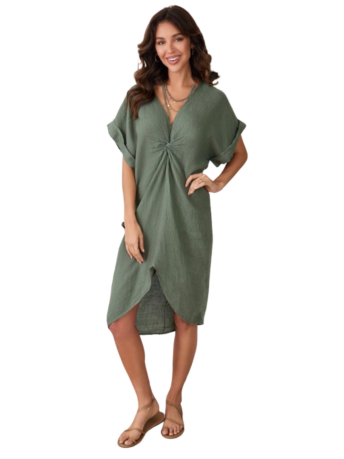Cotton Island Linen Twist Front Midi Dress – Army Green