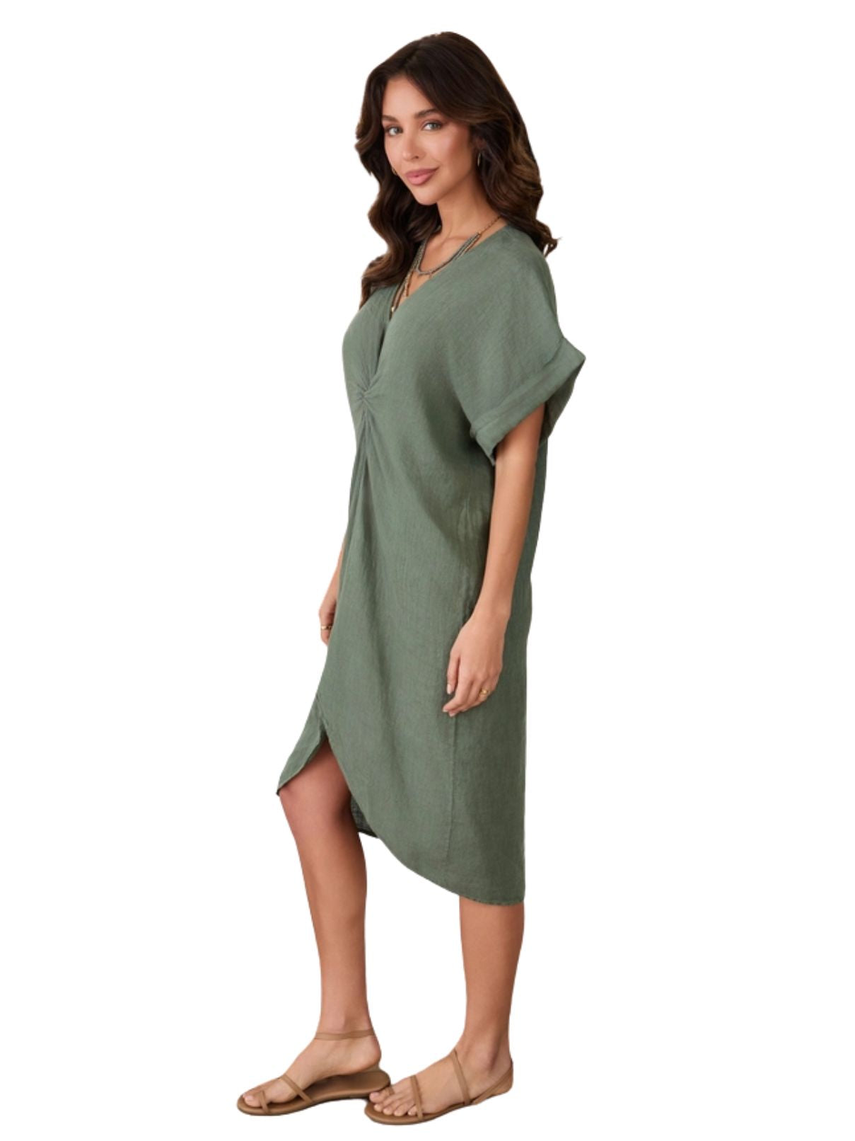 Cotton Island Linen Twist Front Midi Dress – Army Green