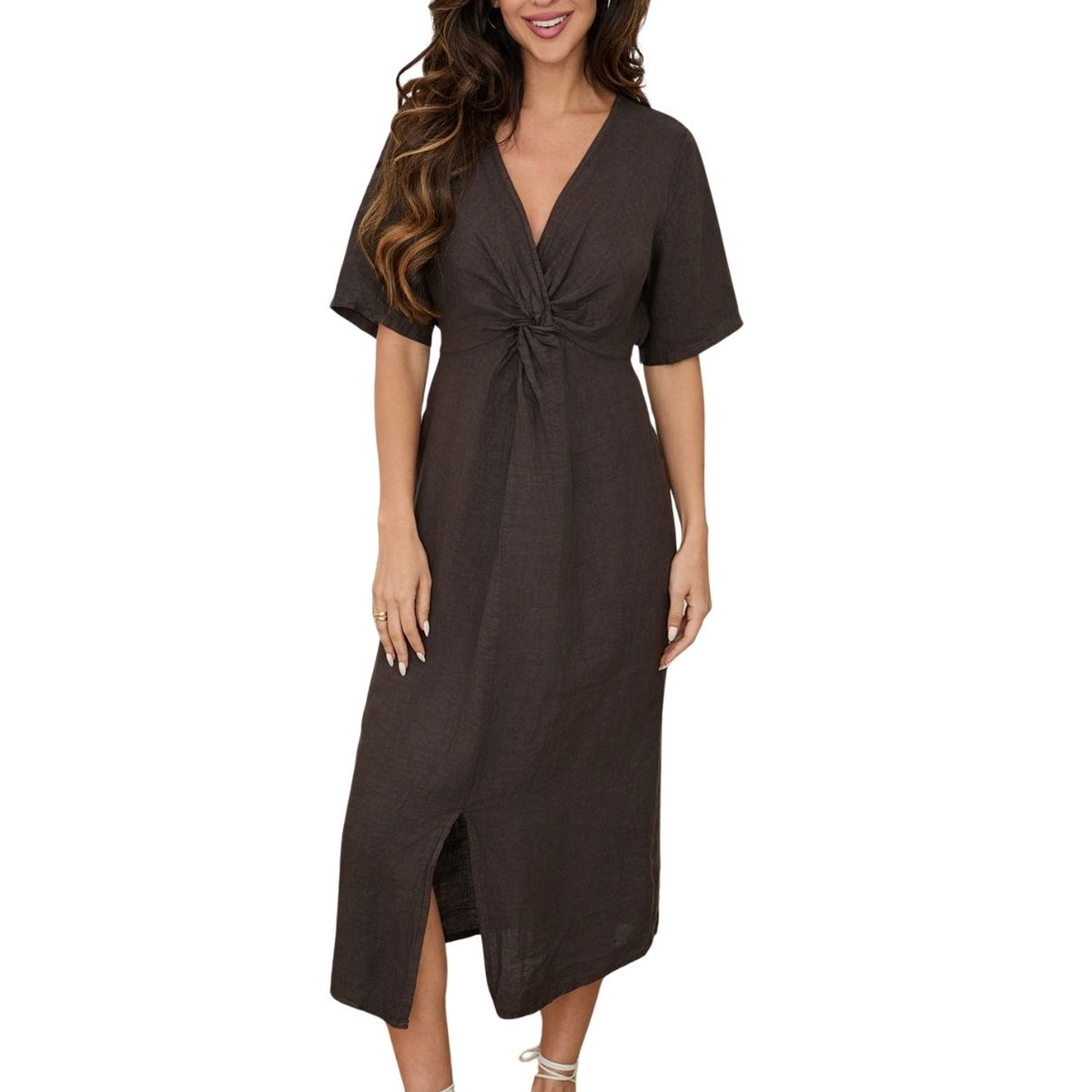 linen twist front midi dress Linen Twist Front Midi Dress | Black