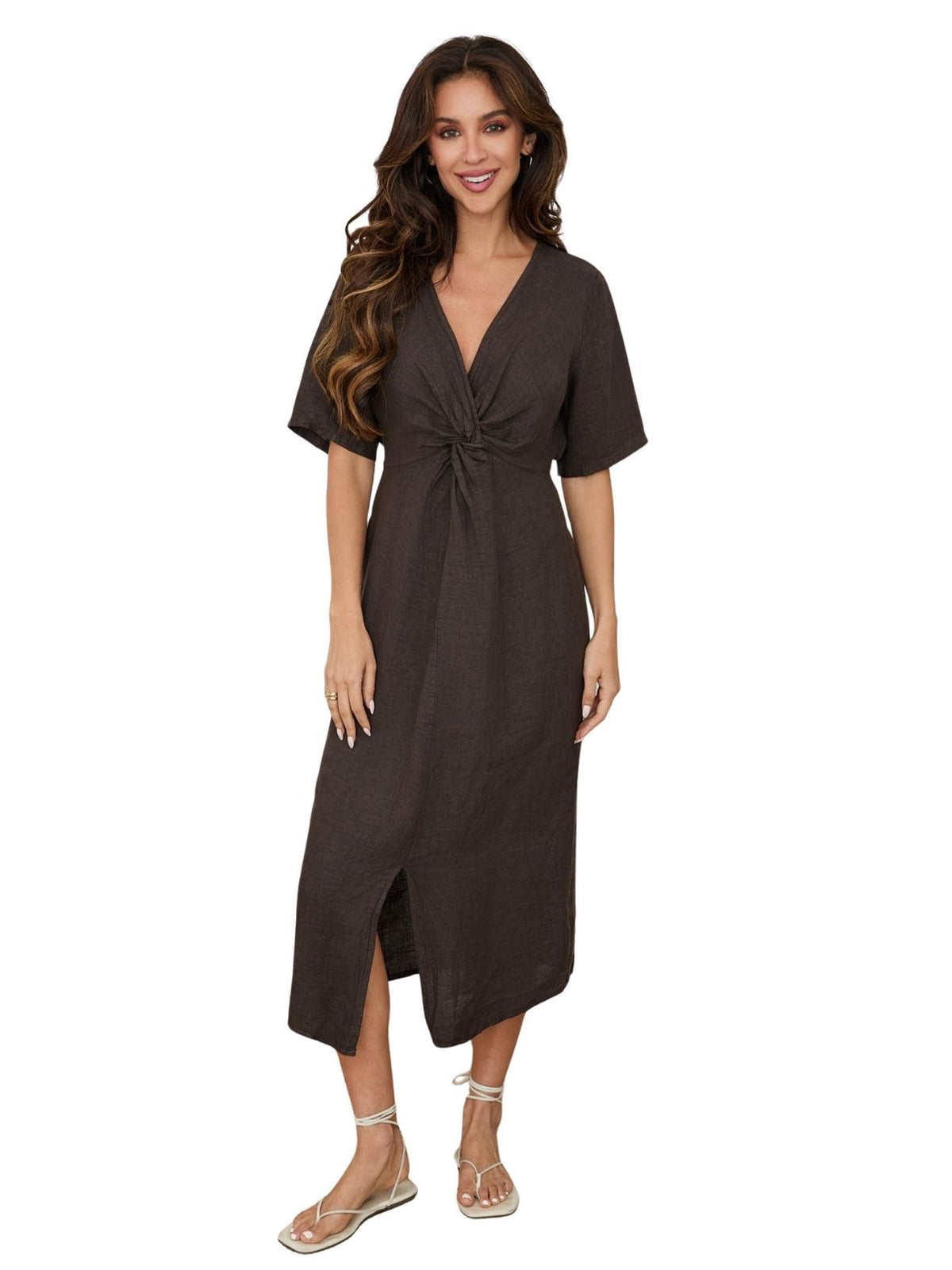 linen cotton dress women Island Twist Front Midi in Chocolate Brown Page 3 for Graduation YGroup_14894549565805 The lightweight and flowy Size:EU 22