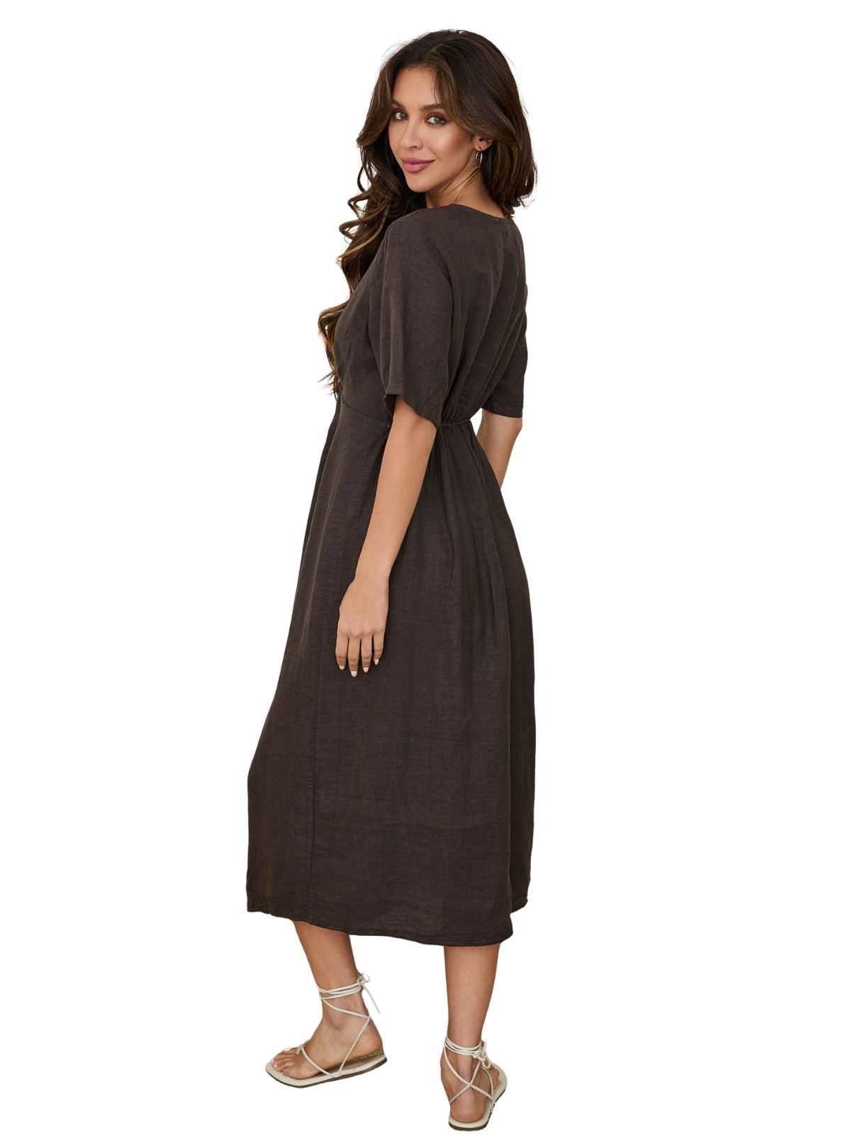 Cotton Island Linen Twist Front Midi Dress in Chocolate Brown