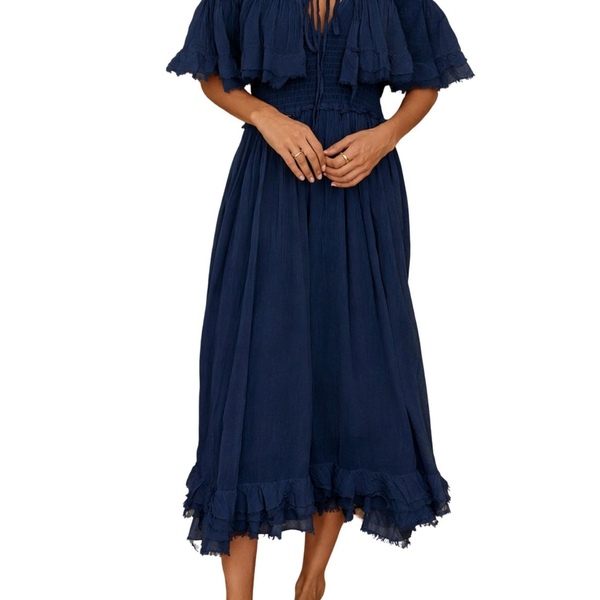 cotton ruffle maxi dress Island Off Shoulder in Navy White maxi dress Lined Rental Period:5 Days Boho FD10589 6 Best Colors Shoes