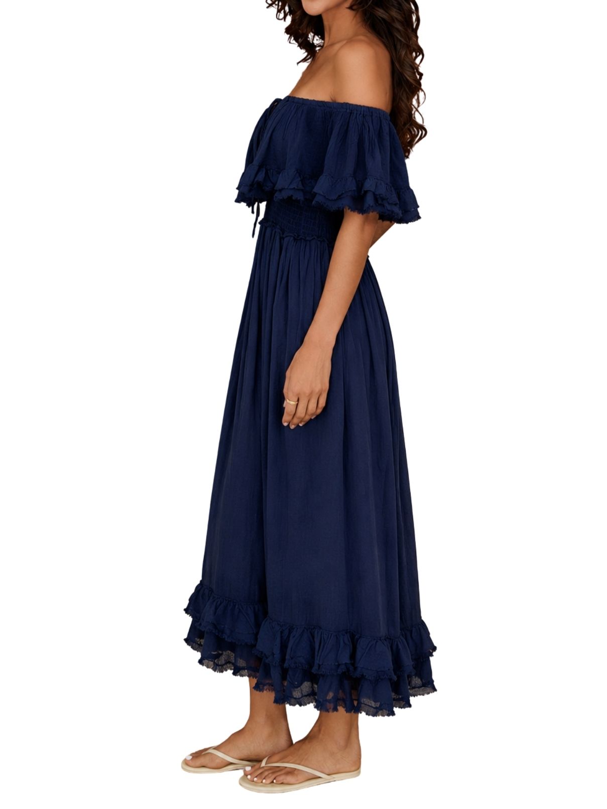Cotton Island Off Shoulder Ruffle Maxi Dress in Navy