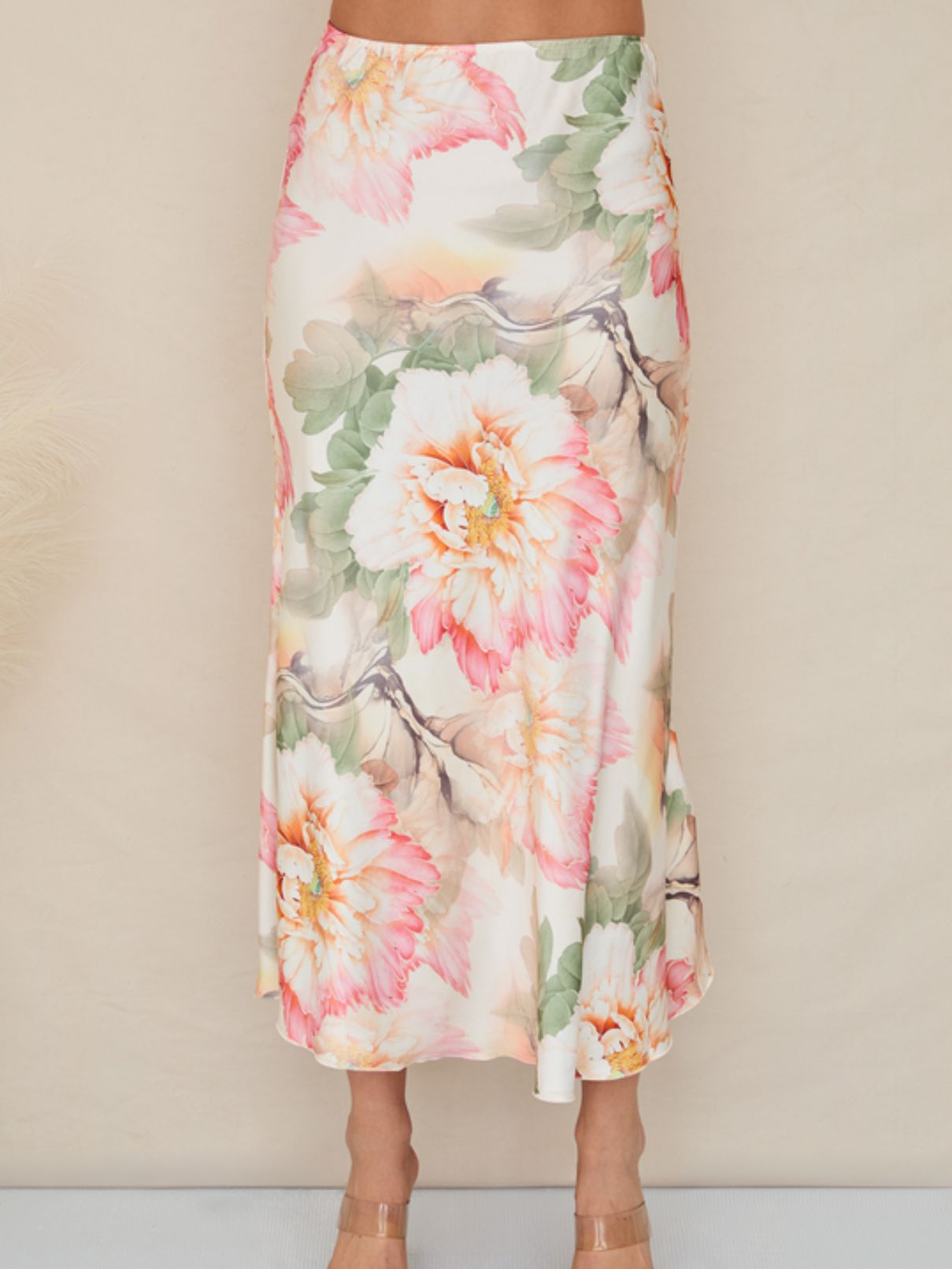 Cotton Island Peony Print Maxi Skirt in Cream/Blush
