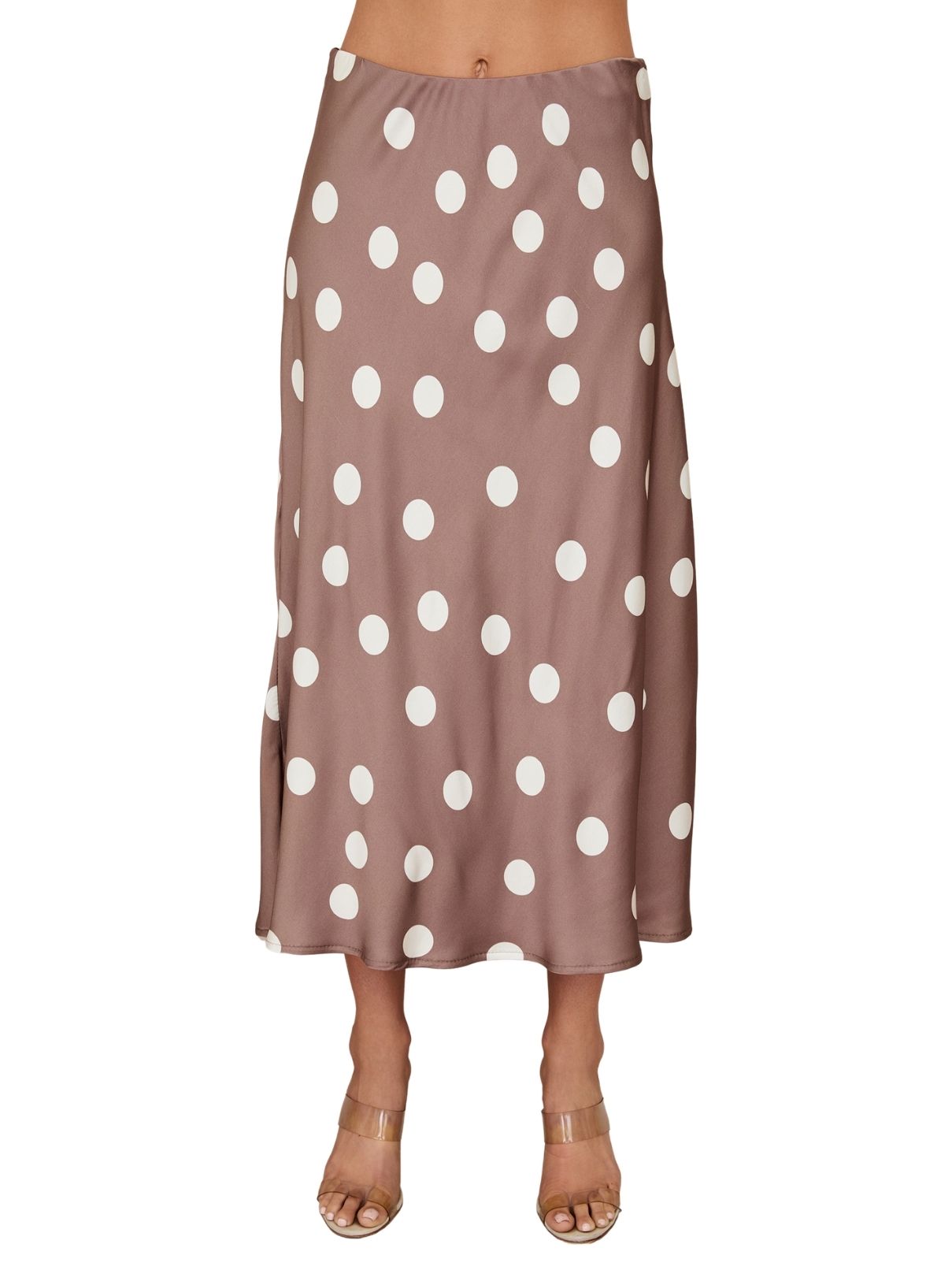 Cotton Island Polka Dot Midi Slip Skirt in Mocha/Cream