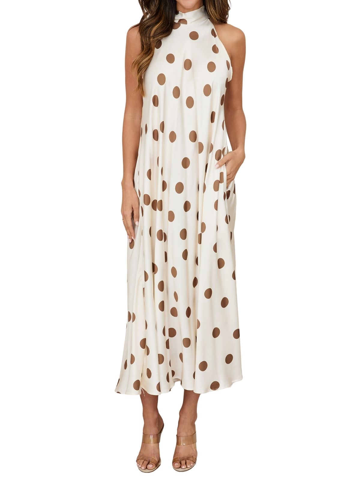 Cotton Island Polka Dot Mock Neck Maxi Dress – Cream/Tobacco